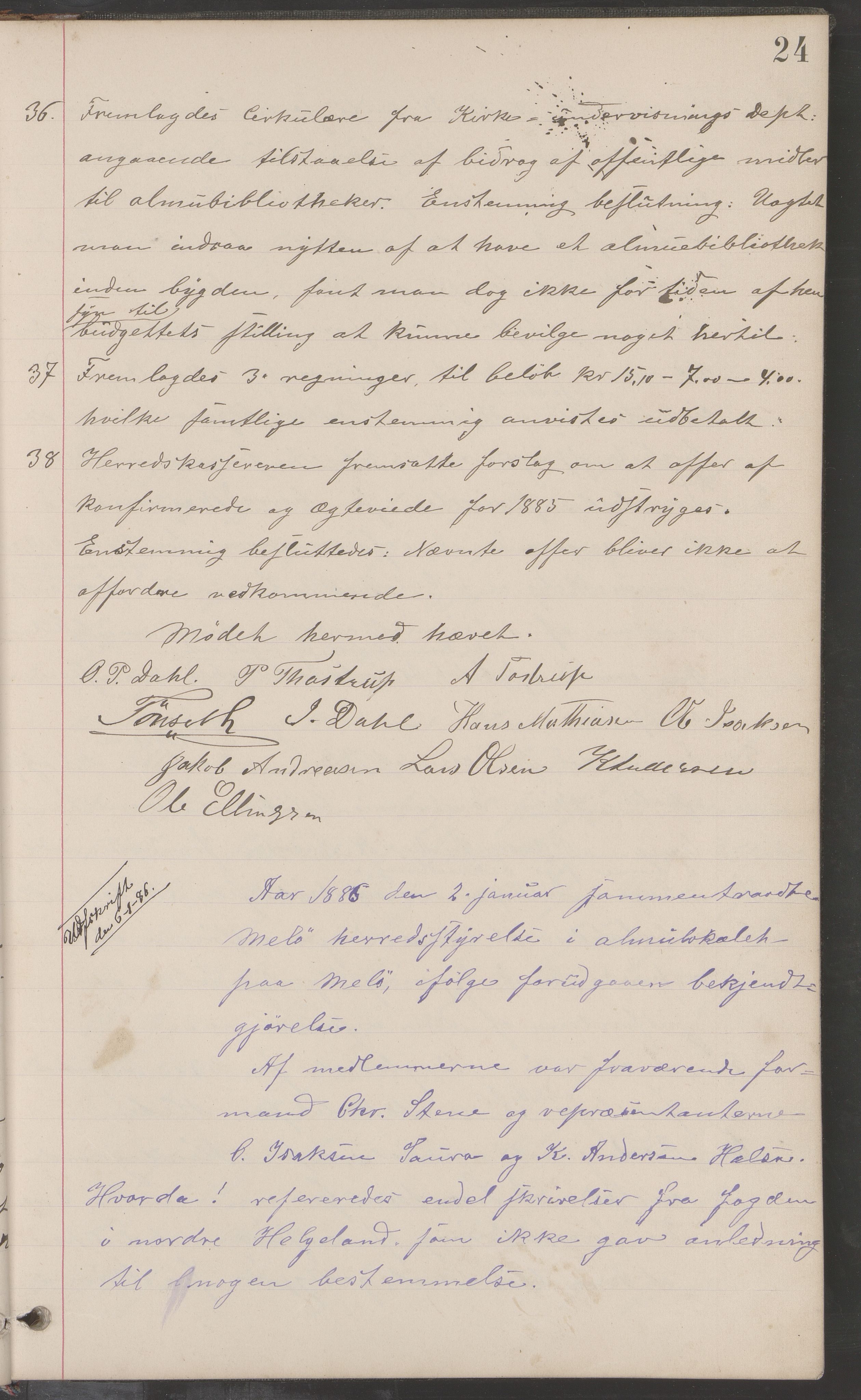 Meløy kommune. Formannskapet, AIN/K-18370.150/100/L0001: Forhandlingsprotokoll, 1884-1895, p. 24
