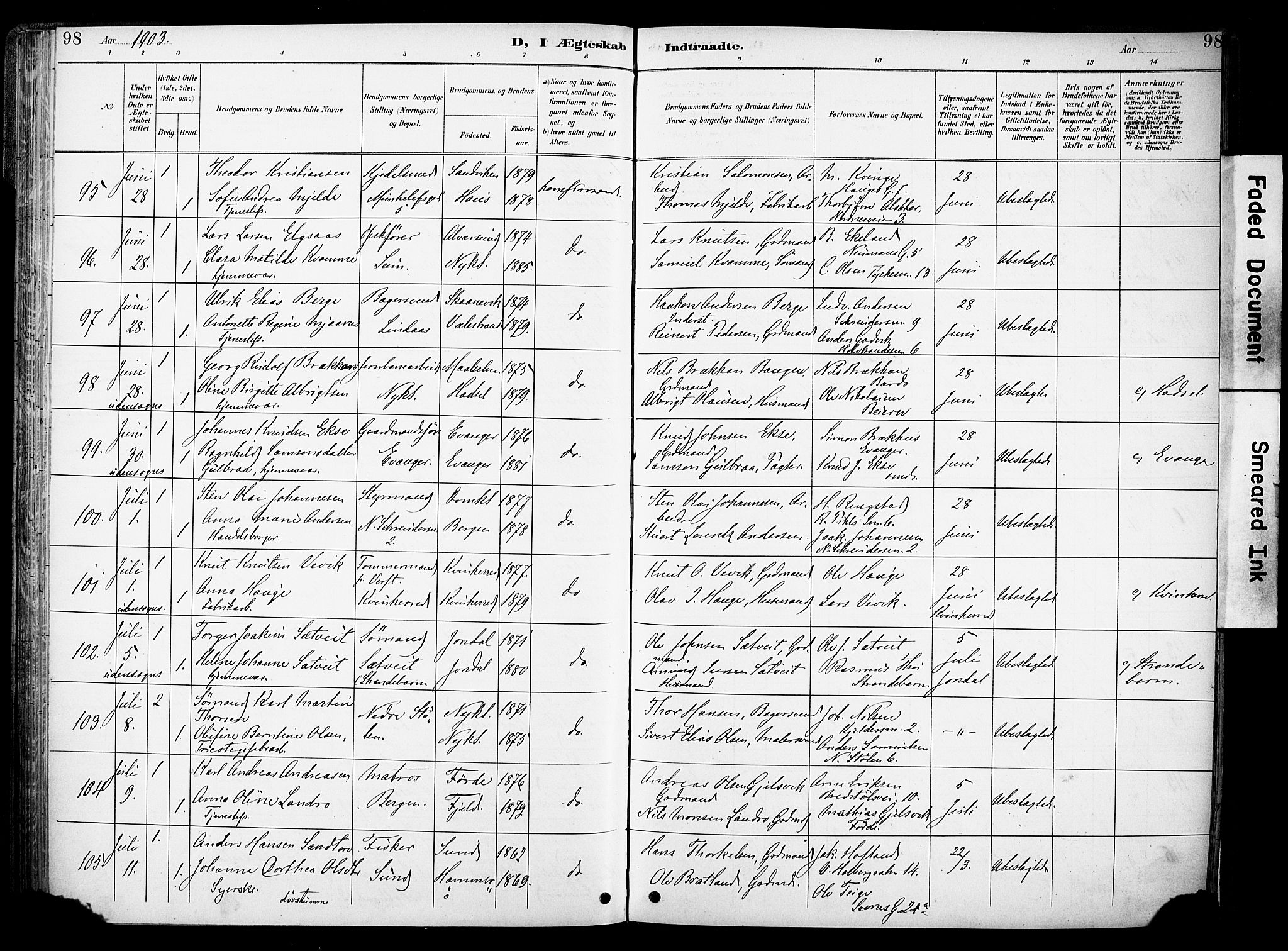 Nykirken Sokneprestembete, SAB/A-77101/H/Haa/L0034: Parish register (official) no. D 4, 1896-1905, p. 98