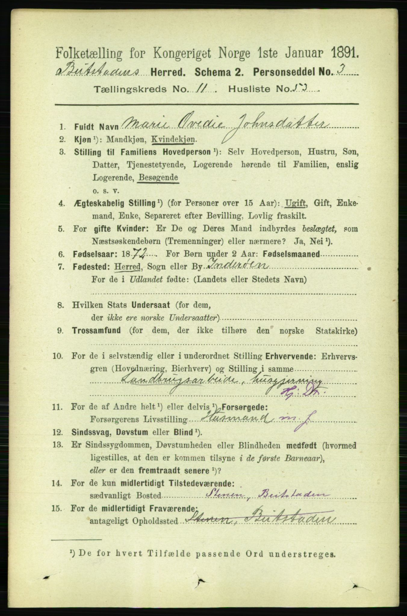 RA, 1891 census for 1727 Beitstad, 1891, p. 3309