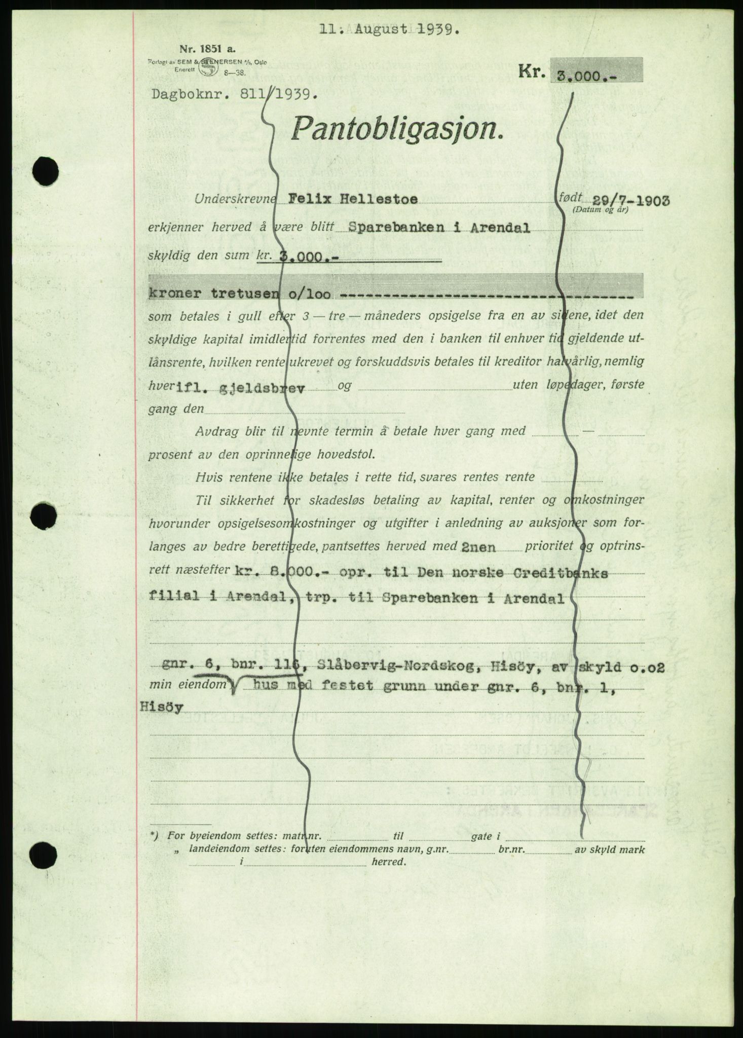 Nedenes sorenskriveri, AV/SAK-1221-0006/G/Gb/Gbb/L0001: Mortgage book no. I, 1939-1942, Diary no: : 811/1939