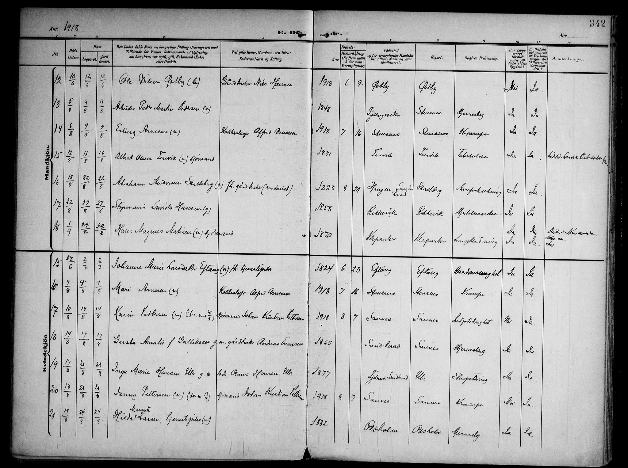 Tjølling kirkebøker, AV/SAKO-A-60/F/Fa/L0010: Parish register (official) no. 10, 1906-1923, p. 342