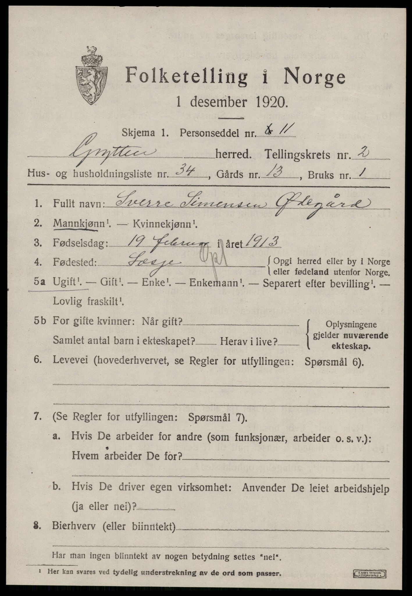 SAT, 1920 census for Grytten, 1920, p. 2214