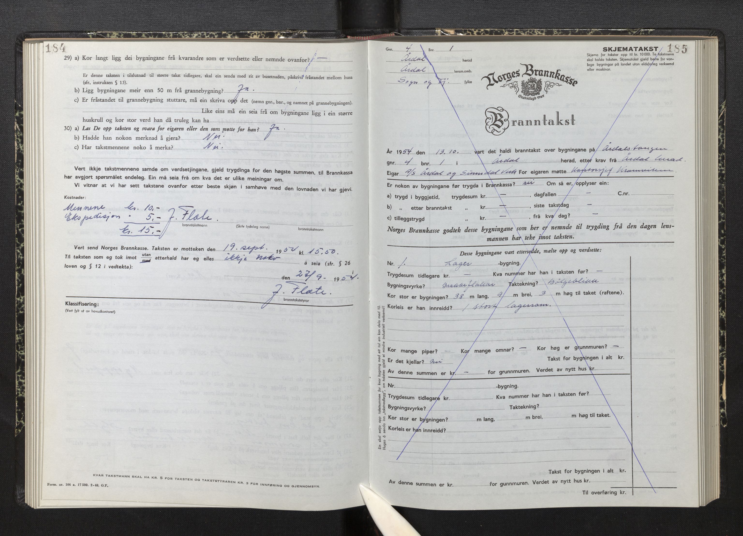 Lensmannen i Årdal, AV/SAB-A-30501/0012/L0012: Branntakstprotokoll, skjematakst, 1949-1955, p. 184-185