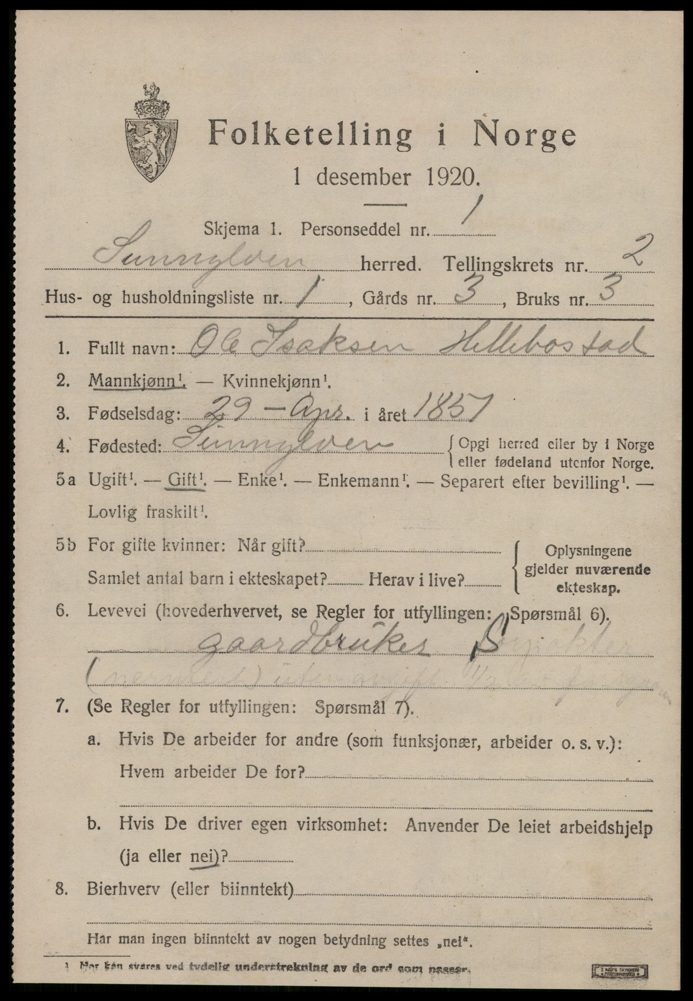 SAT, 1920 census for Sunnylven, 1920, p. 1308