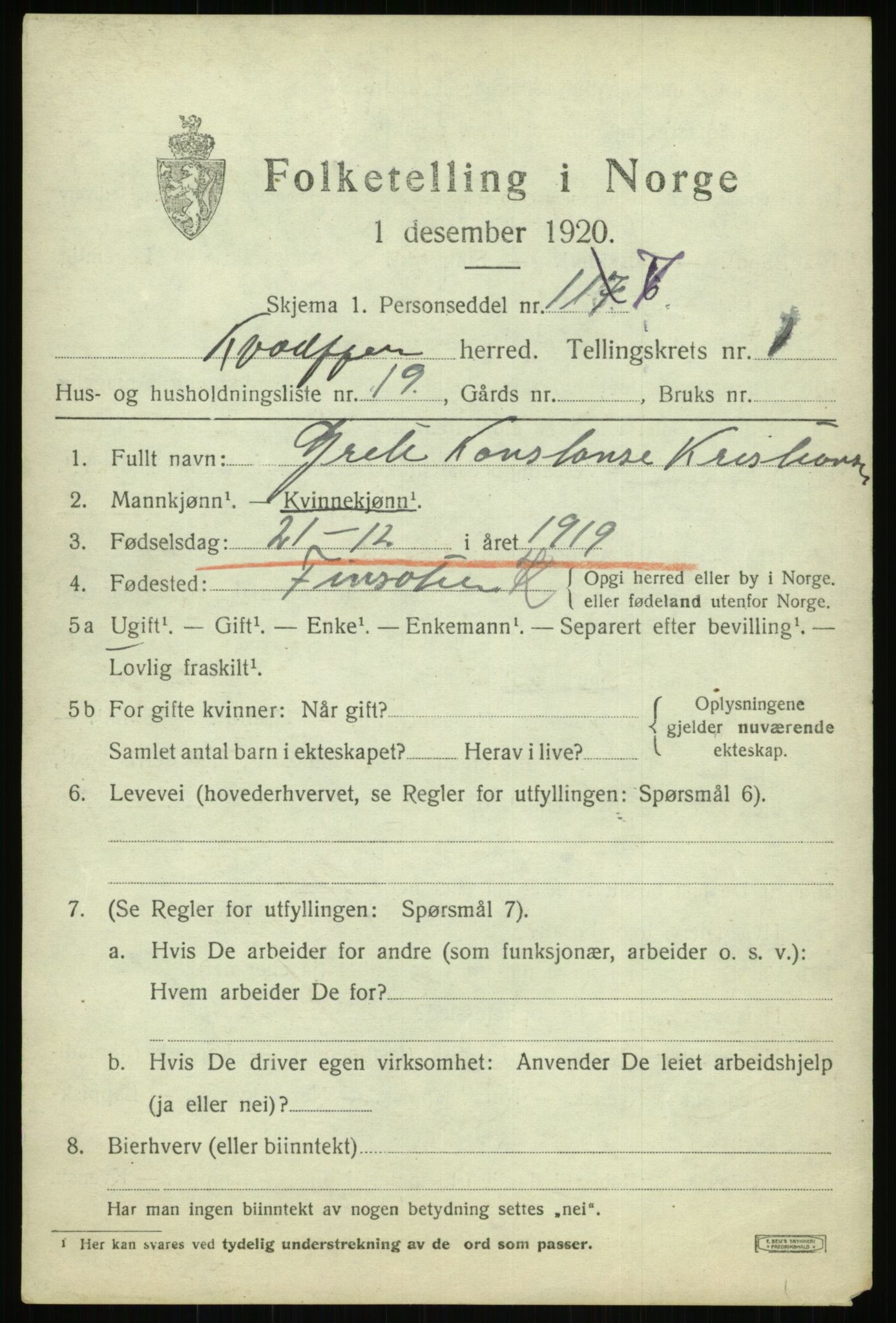 SATØ, 1920 census for Kvæfjord, 1920, p. 1409