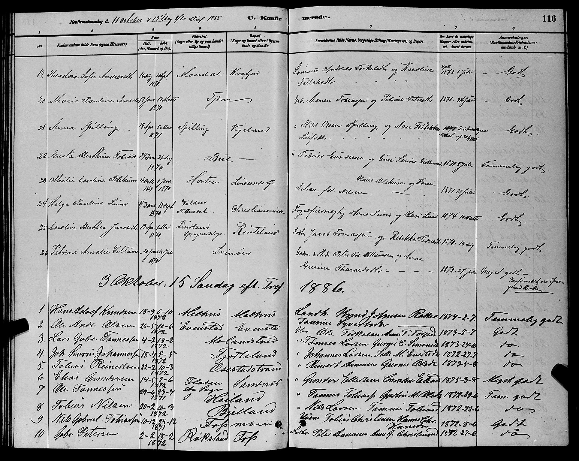 Sør-Audnedal sokneprestkontor, AV/SAK-1111-0039/F/Fb/Fbb/L0005: Parish register (copy) no. B 5, 1880-1892, p. 116