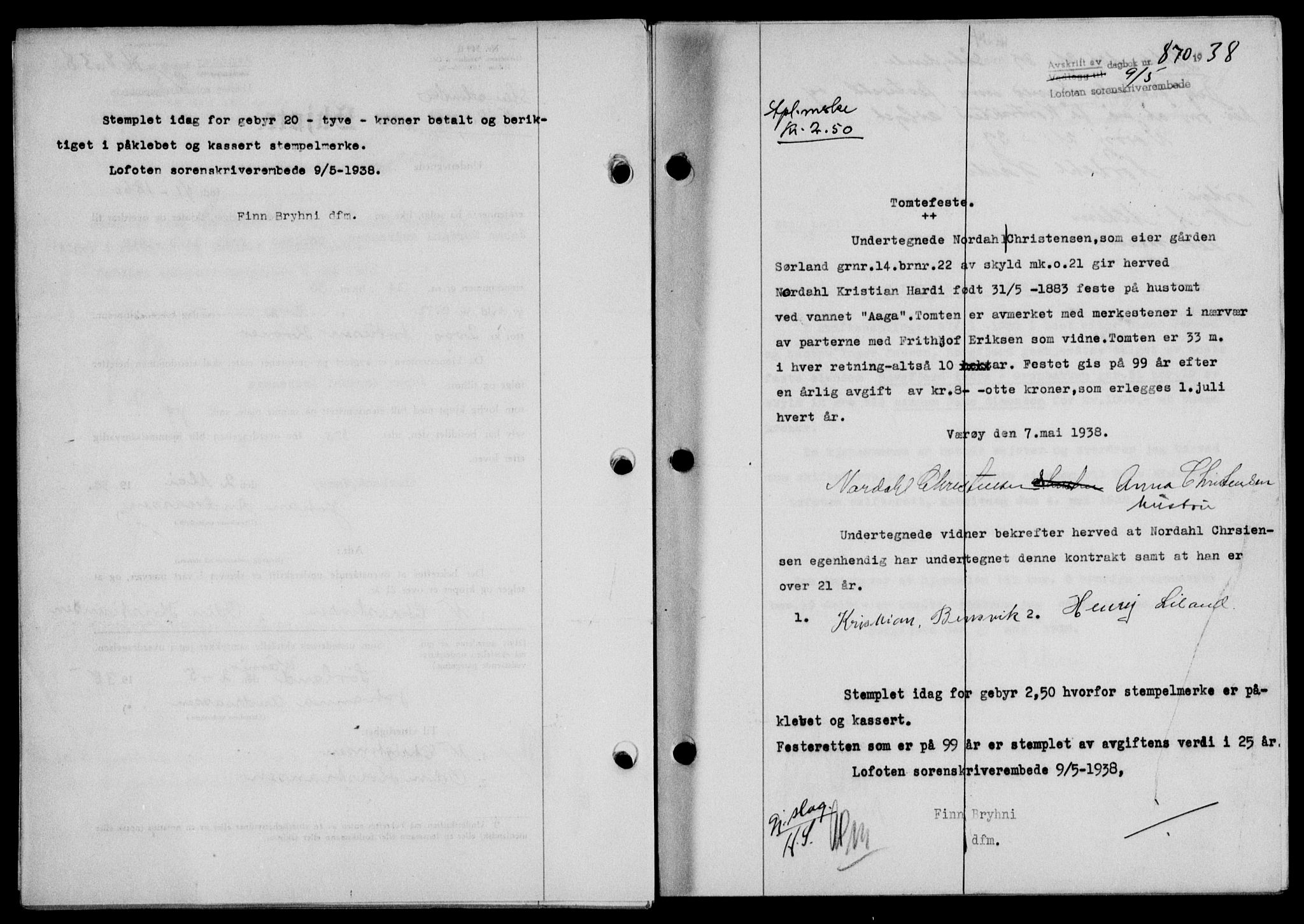 Lofoten sorenskriveri, SAT/A-0017/1/2/2C/L0004a: Mortgage book no. 4a, 1938-1938, Diary no: : 870/1938