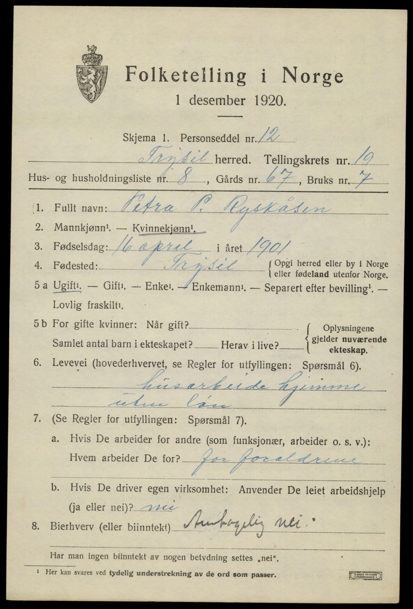 SAH, 1920 census for Trysil, 1920, p. 12837