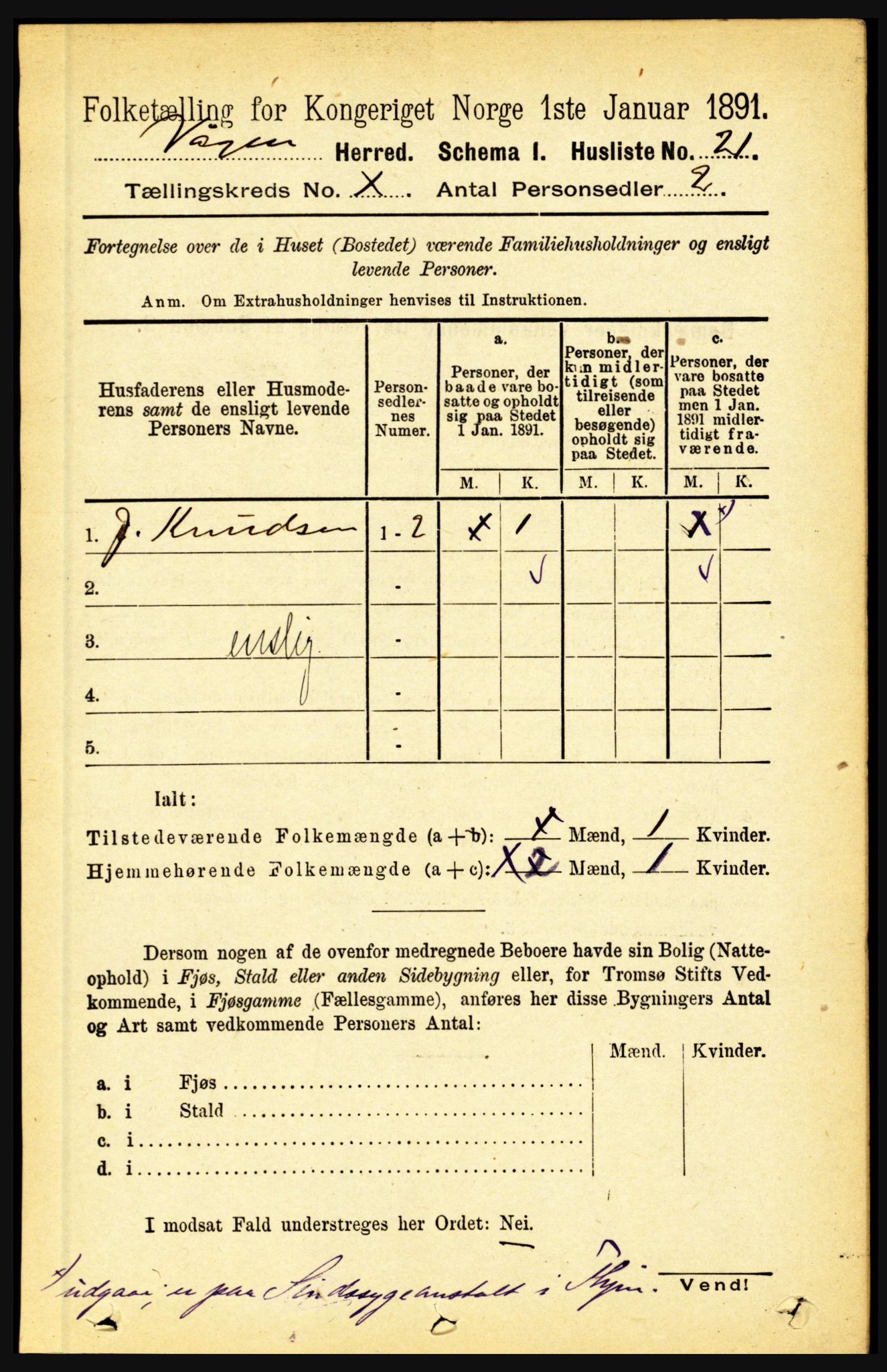 RA, 1891 census for 1865 Vågan, 1891, p. 2545