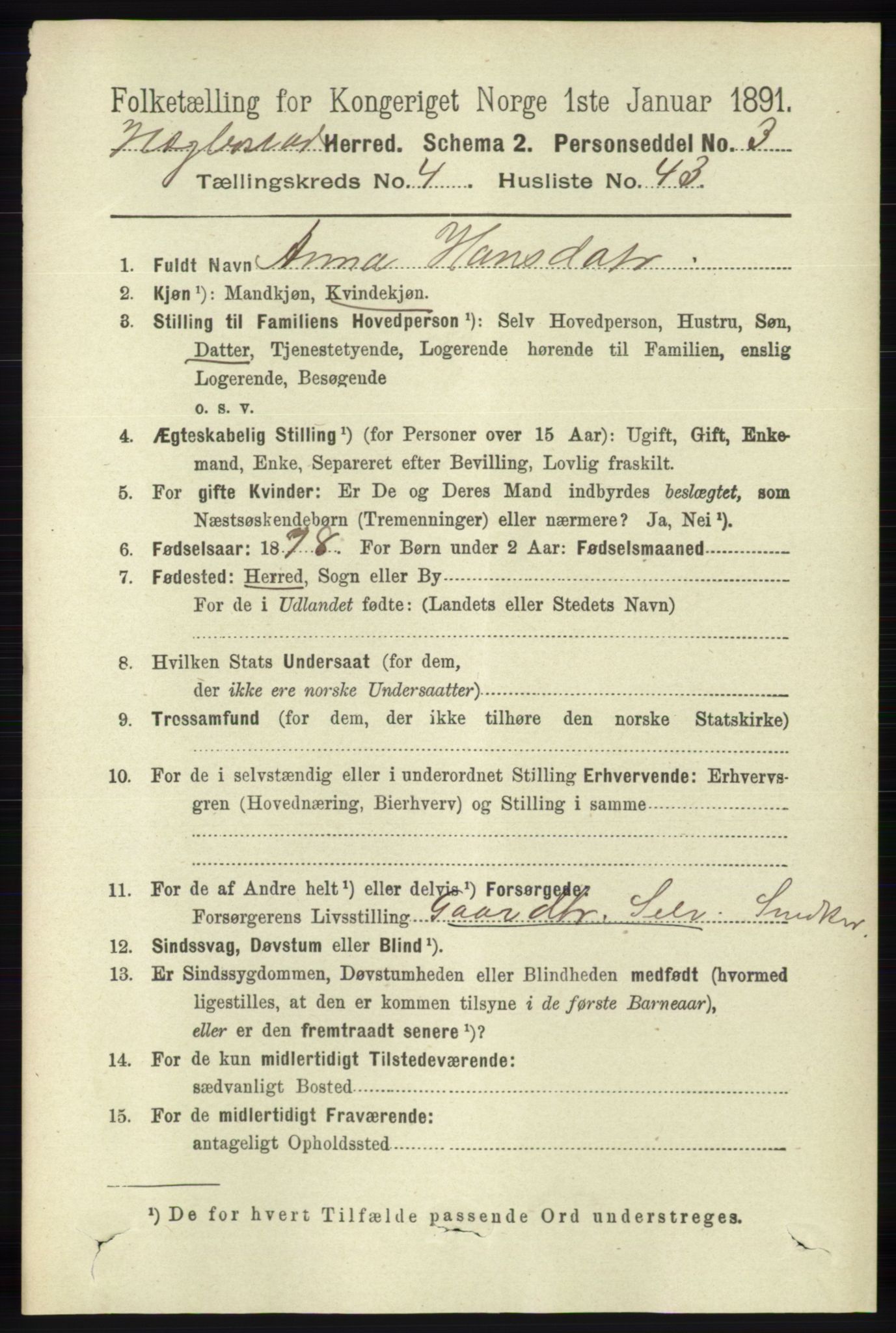 RA, 1891 census for 1034 Hægebostad, 1891, p. 1424