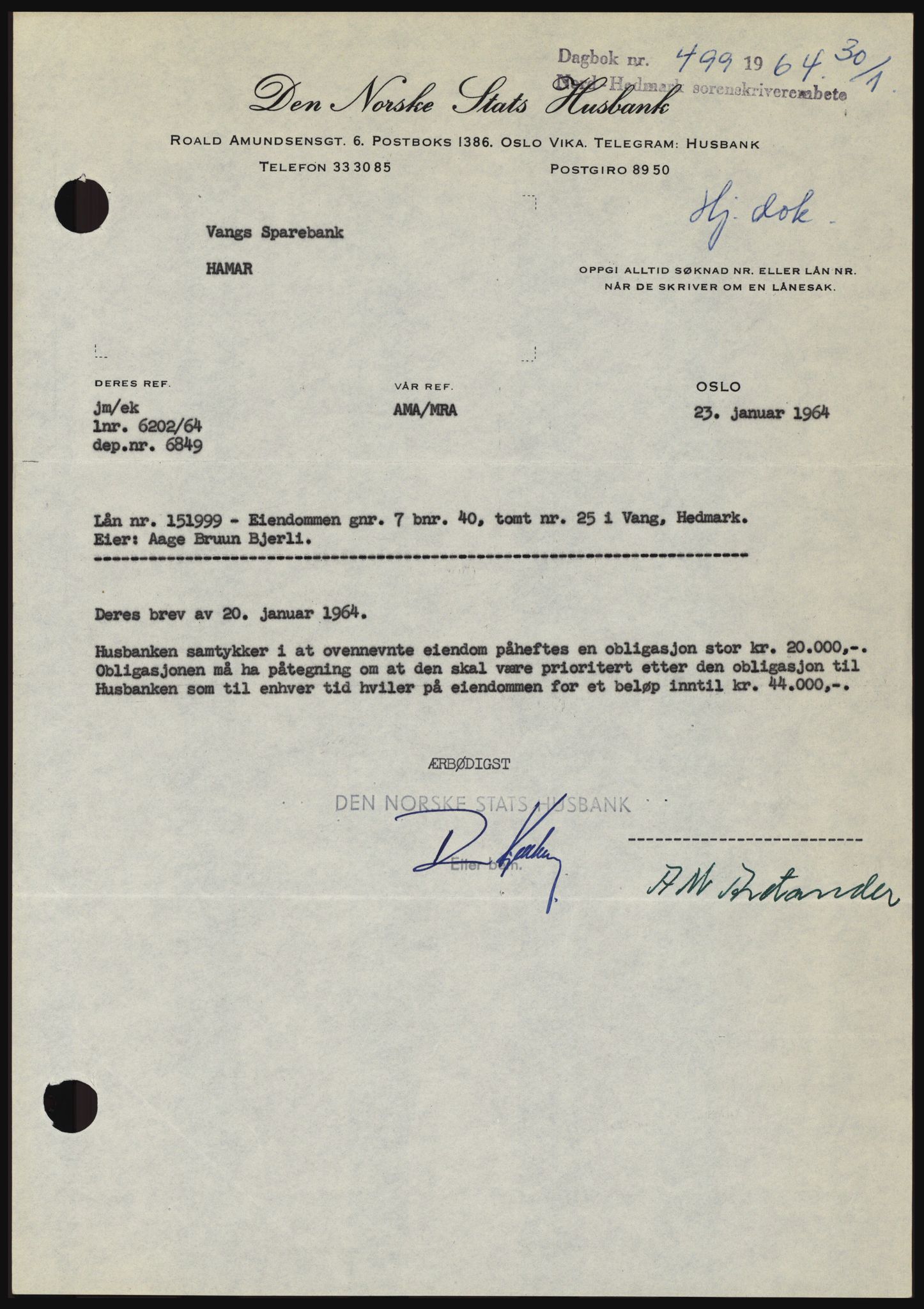 Nord-Hedmark sorenskriveri, SAH/TING-012/H/Hc/L0019: Mortgage book no. 19, 1963-1964, Diary no: : 499/1964