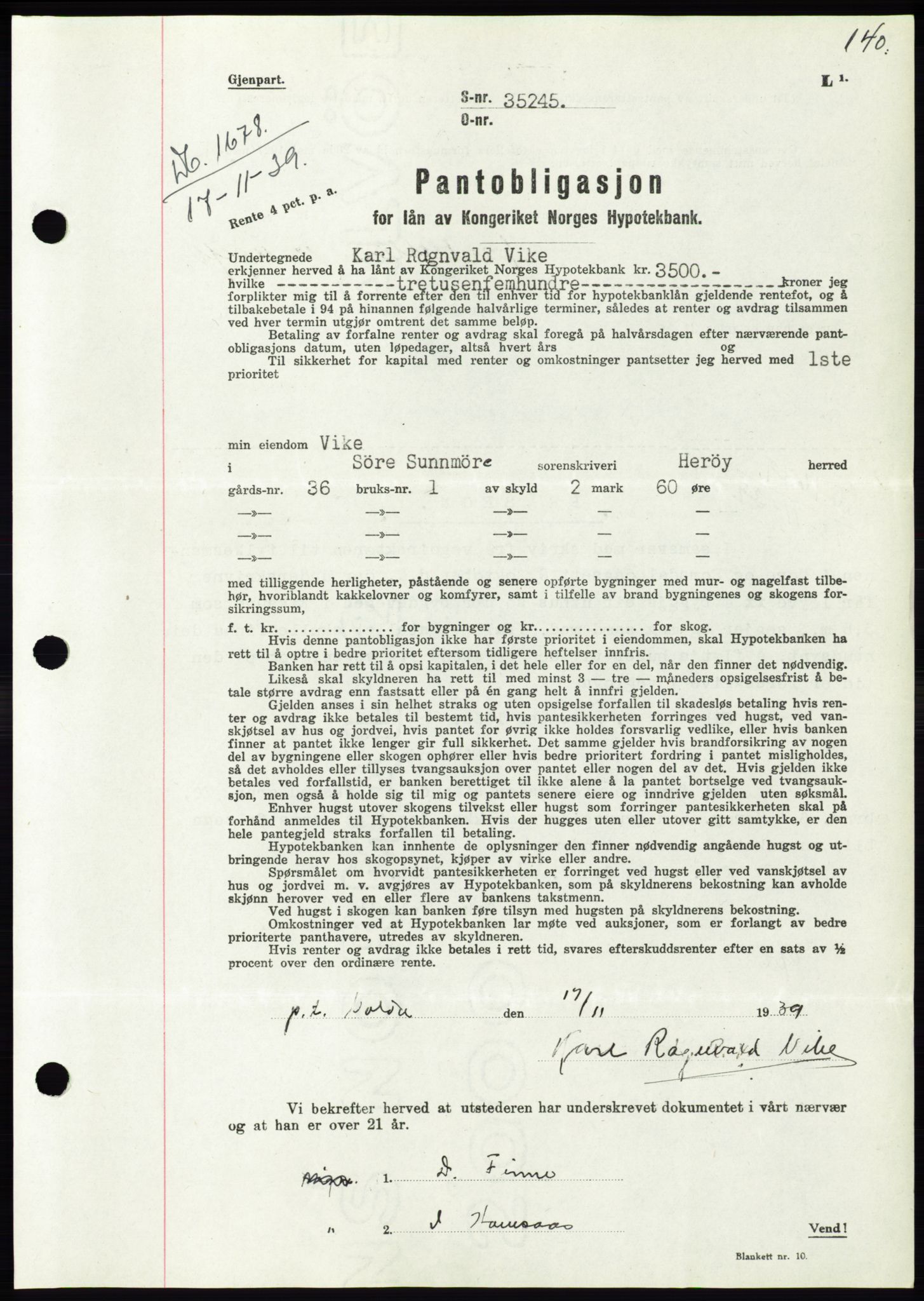 Søre Sunnmøre sorenskriveri, AV/SAT-A-4122/1/2/2C/L0069: Mortgage book no. 63, 1939-1940, Diary no: : 1678/1939