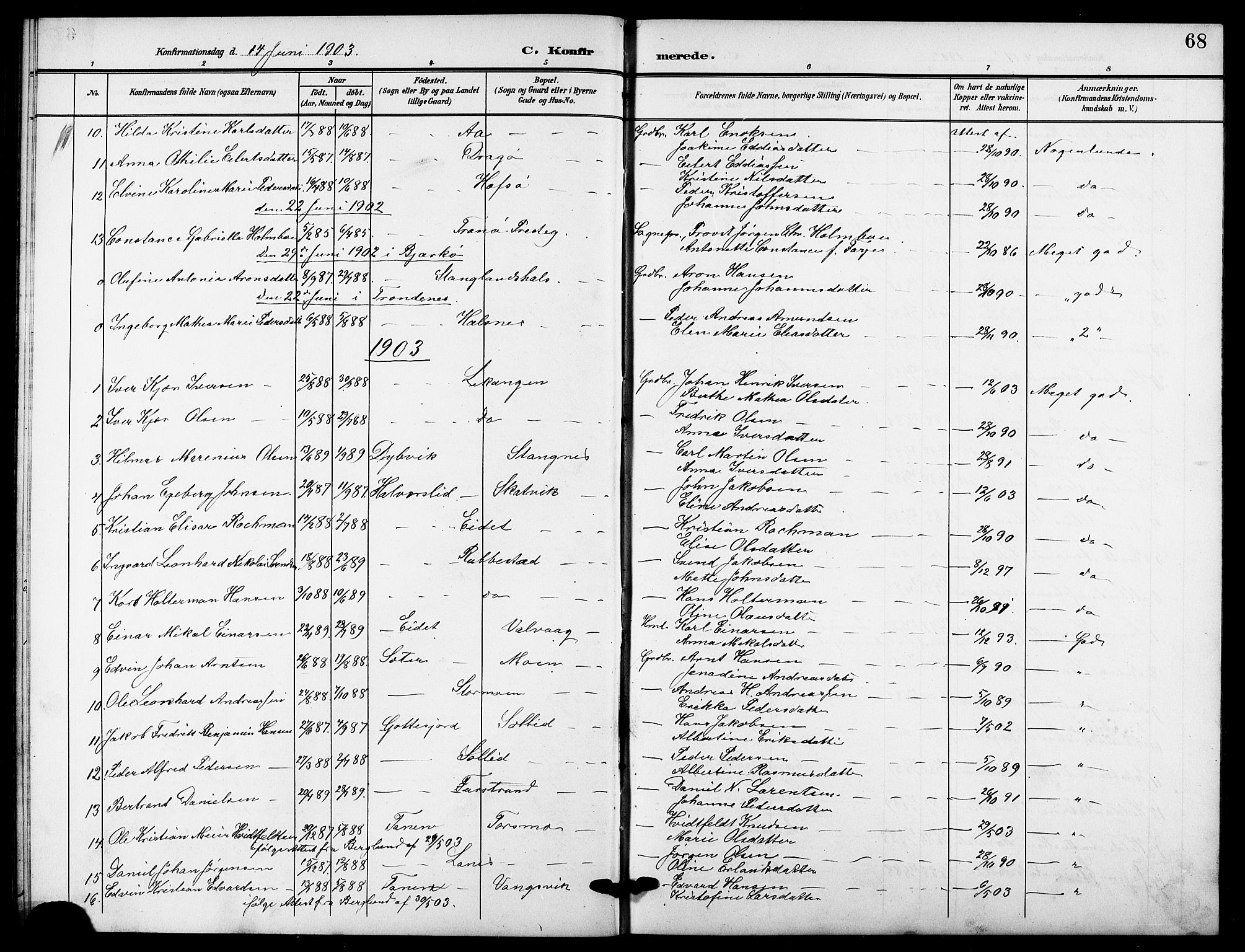 Tranøy sokneprestkontor, AV/SATØ-S-1313/I/Ia/Iab/L0005klokker: Parish register (copy) no. 5, 1902-1919, p. 68