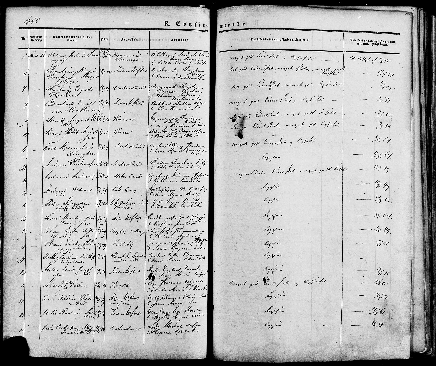 Fredrikstad prestekontor Kirkebøker, AV/SAO-A-11082/F/Fa/L0006: Parish register (official) no. 6, 1857-1878, p. 211