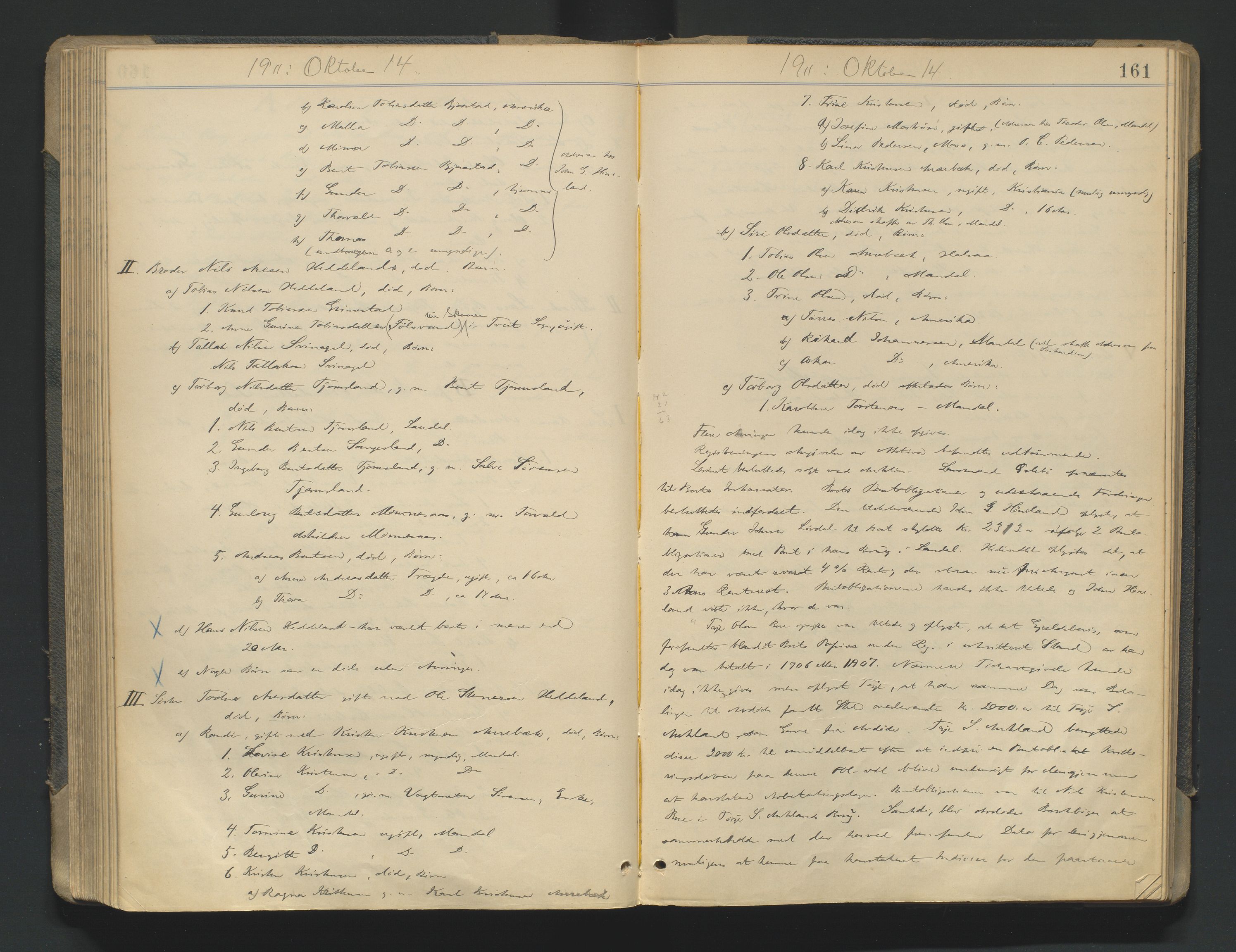 Mandal sorenskriveri, AV/SAK-1221-0005/001/H/Hc/L0081: Skifteforhandlingsprotokoll nr 13, 1909-1913, p. 161