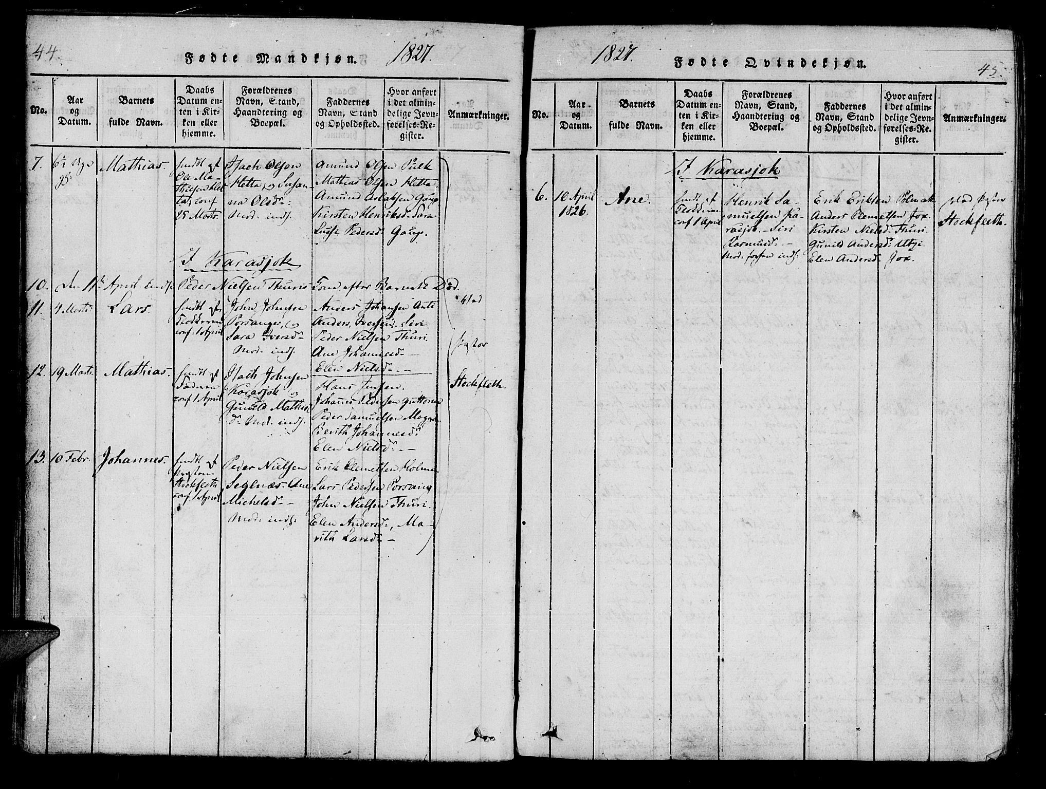 Kistrand/Porsanger sokneprestembete, SATØ/S-1351/H/Ha/L0010.kirke: Parish register (official) no. 10, 1821-1842, p. 44-45