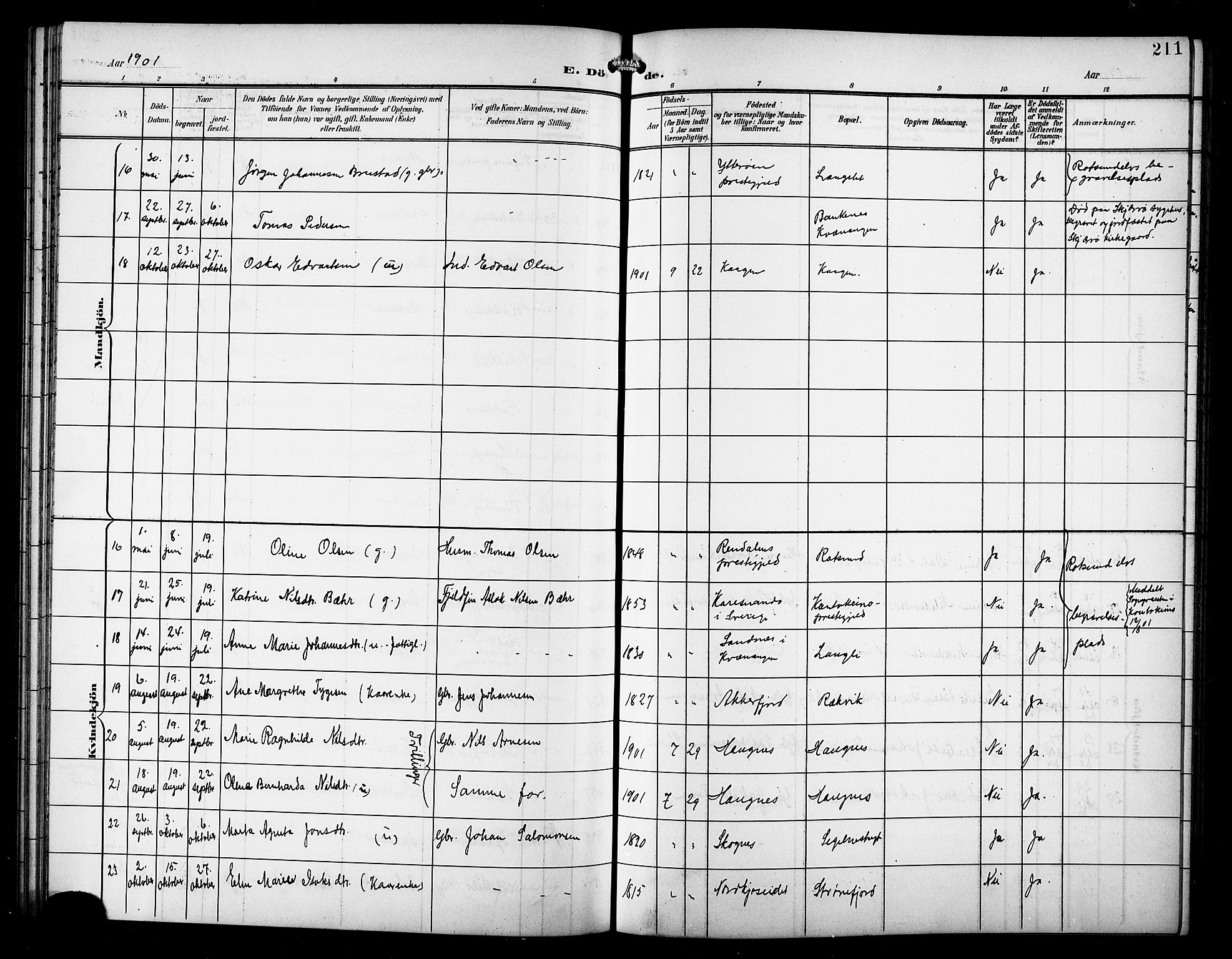 Skjervøy sokneprestkontor, SATØ/S-1300/H/Ha/Hab/L0008klokker: Parish register (copy) no. 8, 1900-1910, p. 211