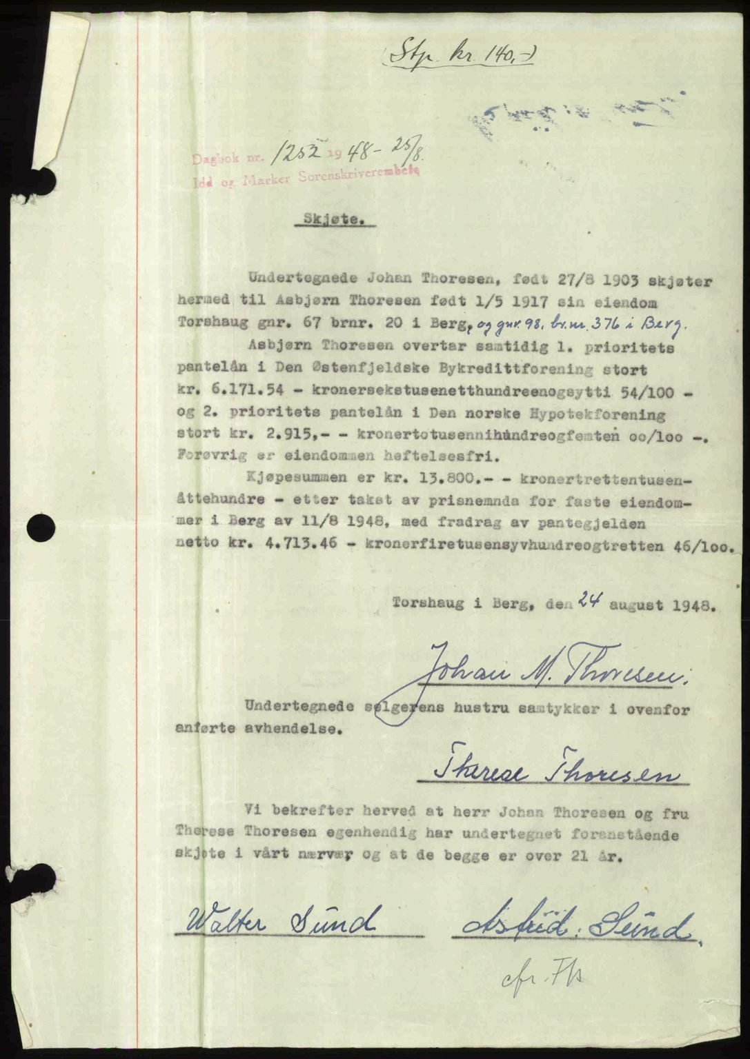 Idd og Marker sorenskriveri, AV/SAO-A-10283/G/Gb/Gbb/L0011: Mortgage book no. A11, 1948-1949, Diary no: : 1252/1948