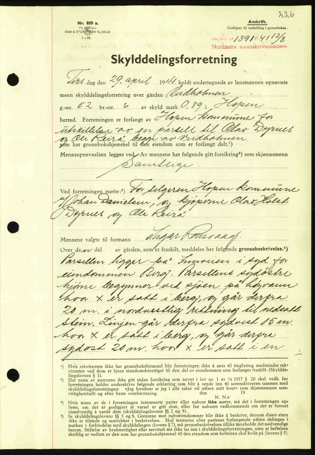 Nordmøre sorenskriveri, AV/SAT-A-4132/1/2/2Ca: Mortgage book no. A90, 1941-1941, Diary no: : 1391/1941