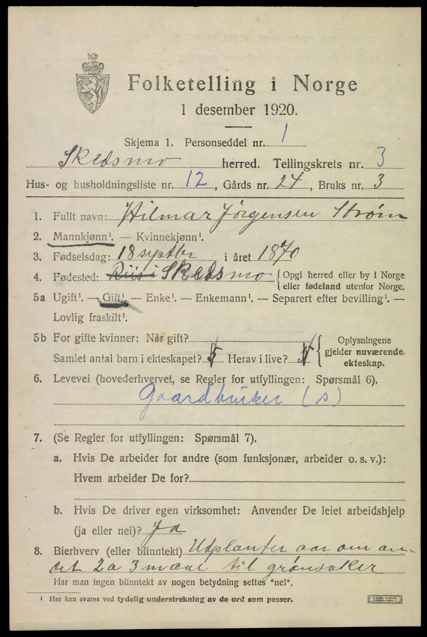 SAO, 1920 census for Skedsmo, 1920, p. 3697