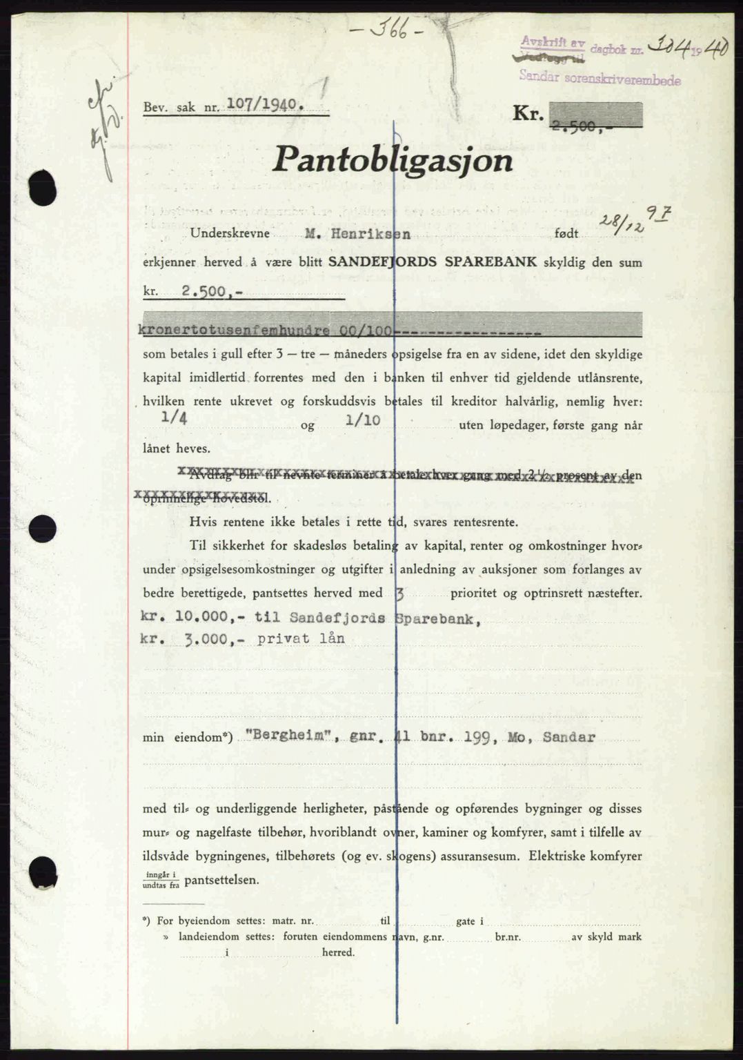 Sandar sorenskriveri, SAKO/A-86/G/Ga/Gab/L0001: Mortgage book no. B-1 og B-3 - B-9, 1936-1944, Diary no: : 304/1940