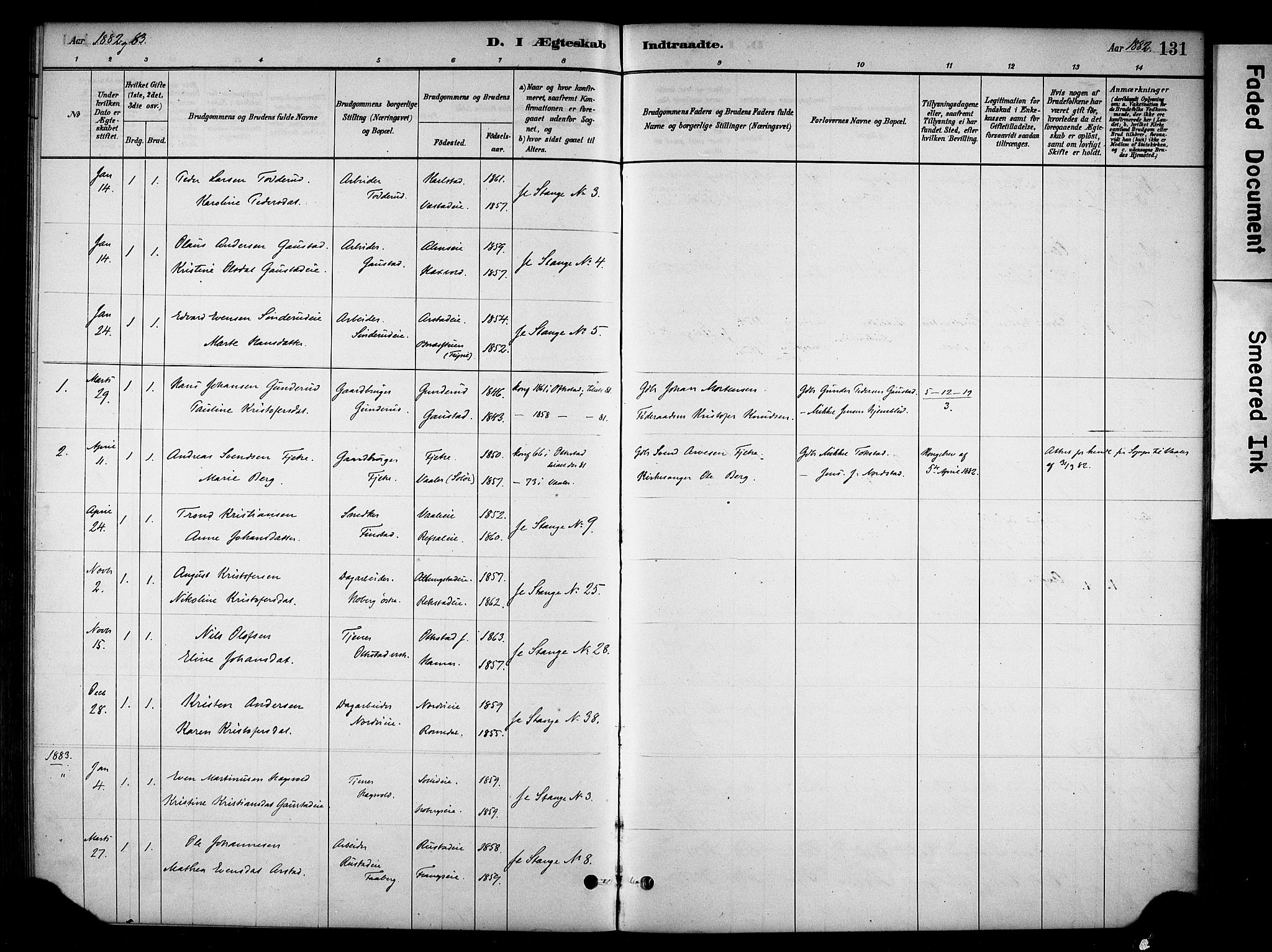 Stange prestekontor, SAH/PREST-002/K/L0019: Parish register (official) no. 19, 1880-1891, p. 131