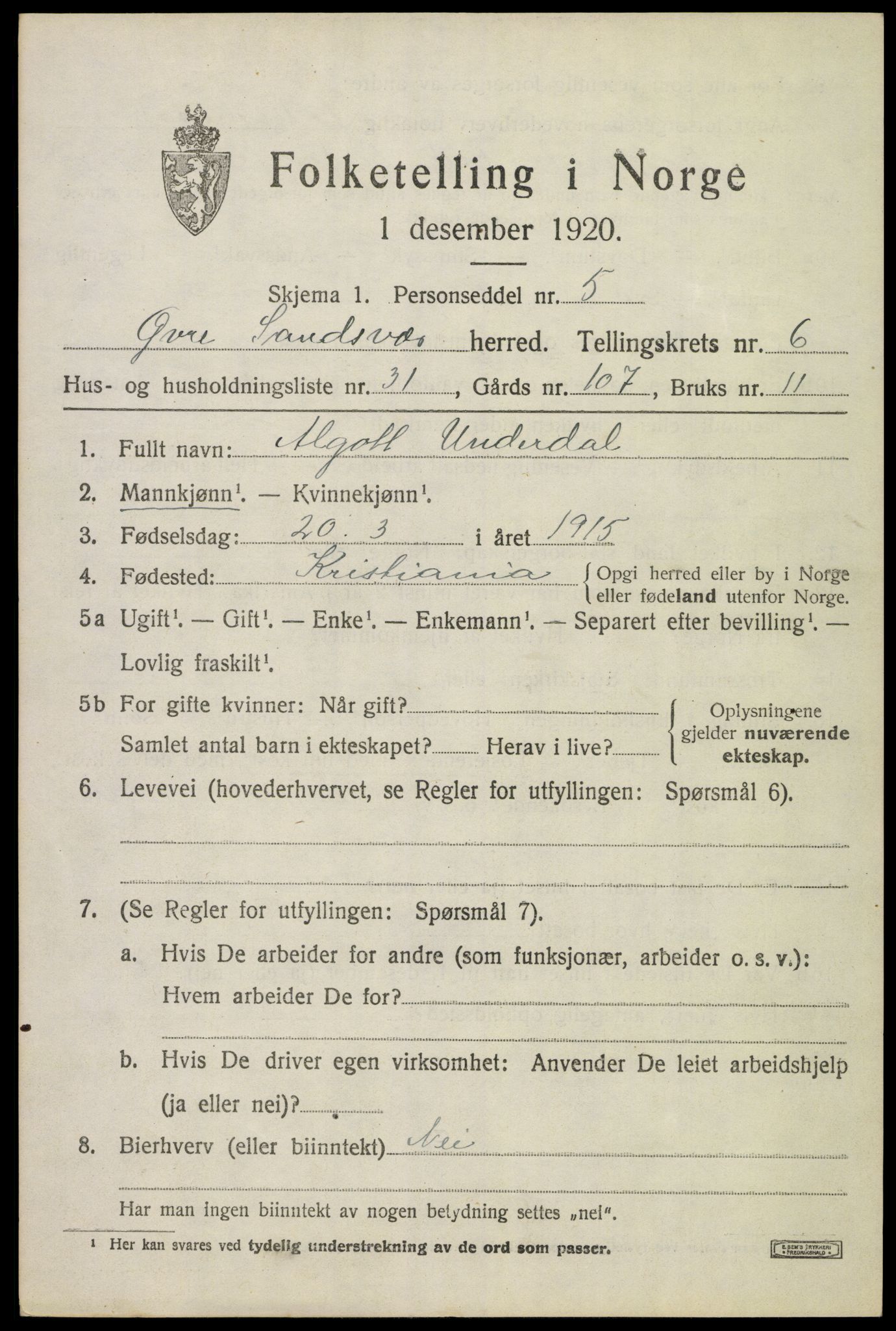 SAKO, 1920 census for Øvre Sandsvær, 1920, p. 3710