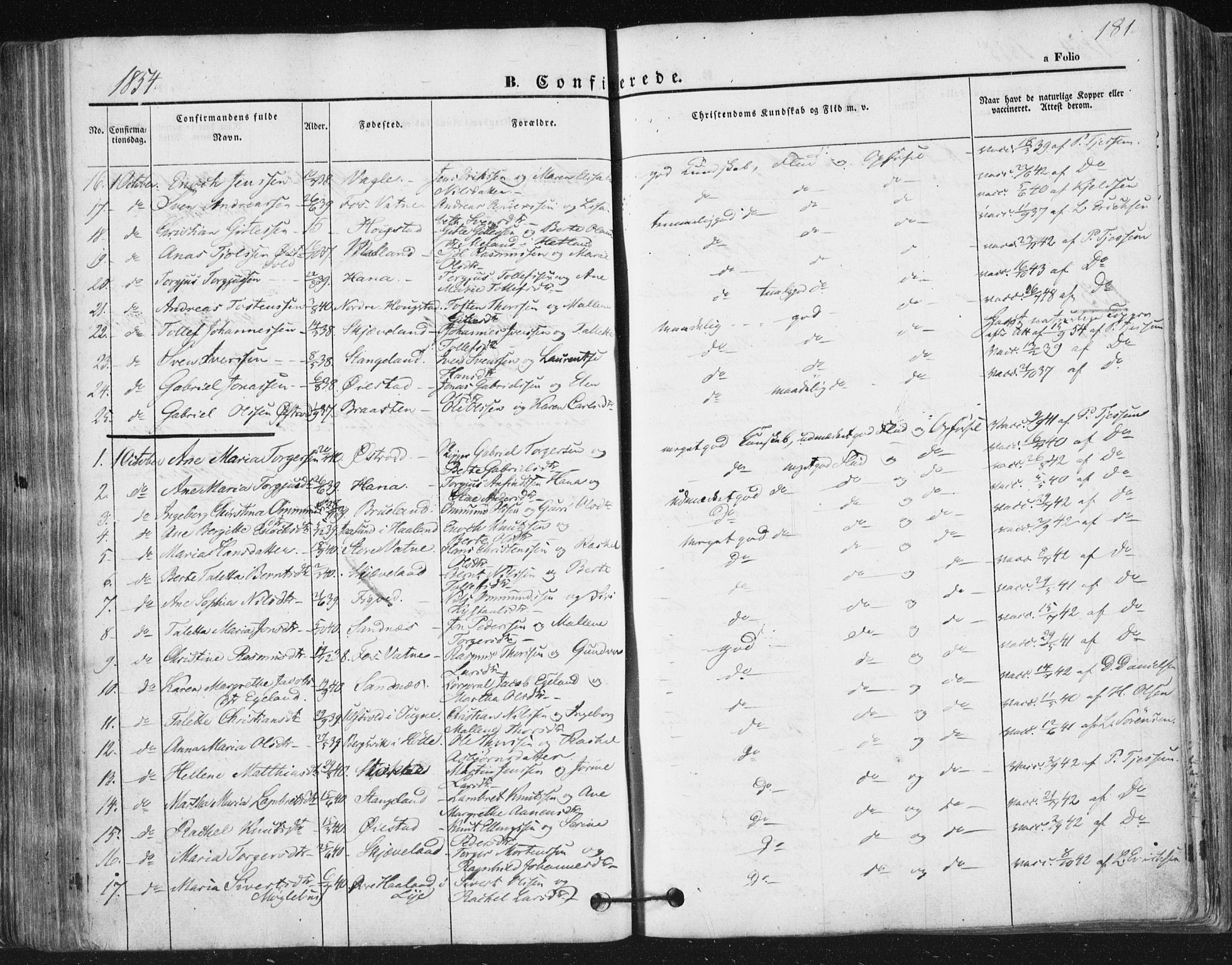 Høyland sokneprestkontor, SAST/A-101799/001/30BA/L0008: Parish register (official) no. A 8, 1841-1856, p. 181