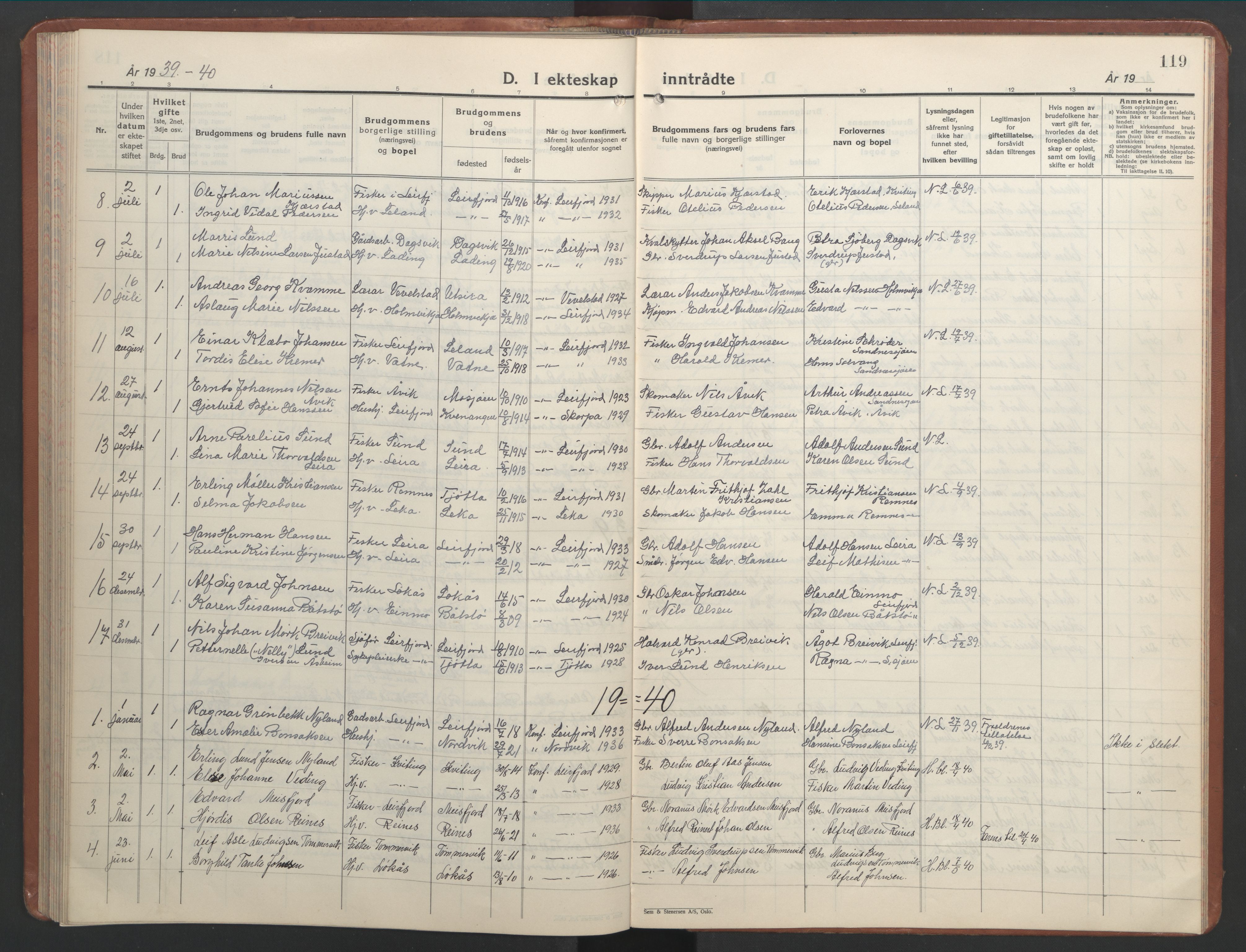 Ministerialprotokoller, klokkerbøker og fødselsregistre - Nordland, SAT/A-1459/832/L0496: Parish register (copy) no. 832C03, 1932-1945, p. 119