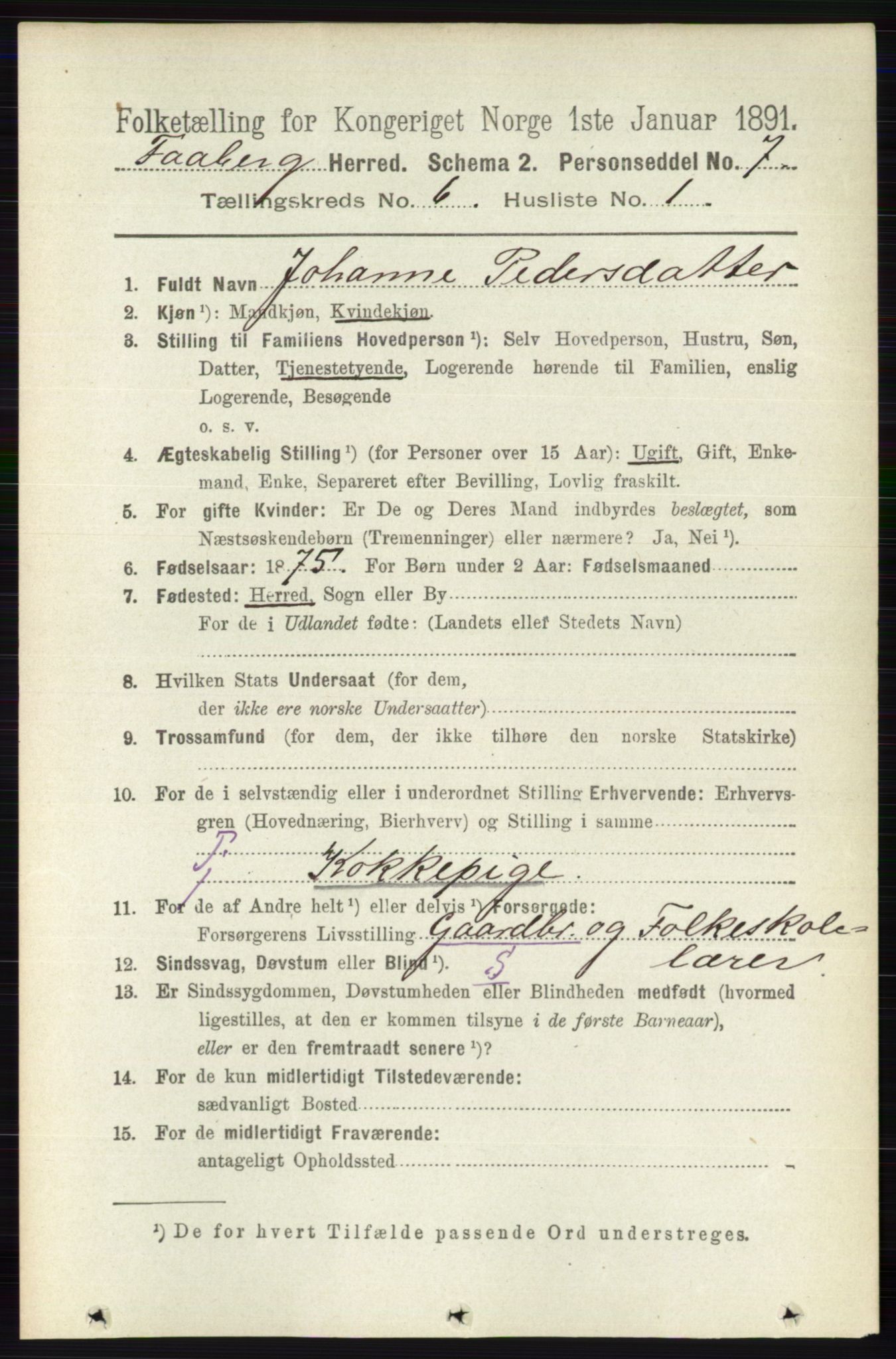 RA, 1891 census for 0524 Fåberg, 1891, p. 2225