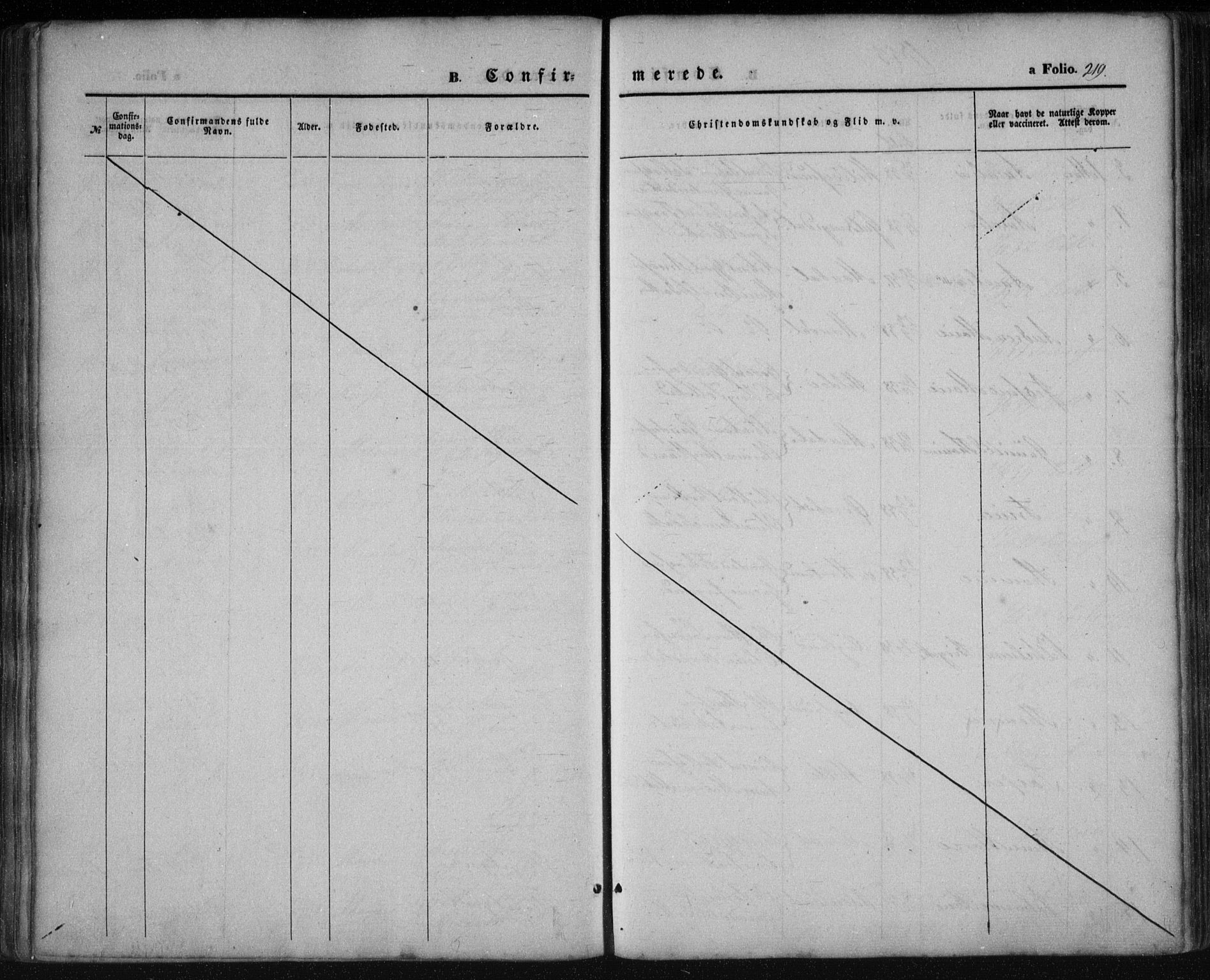 Mandal sokneprestkontor, AV/SAK-1111-0030/F/Fa/Faa/L0013: Parish register (official) no. A 13, 1847-1859, p. 219