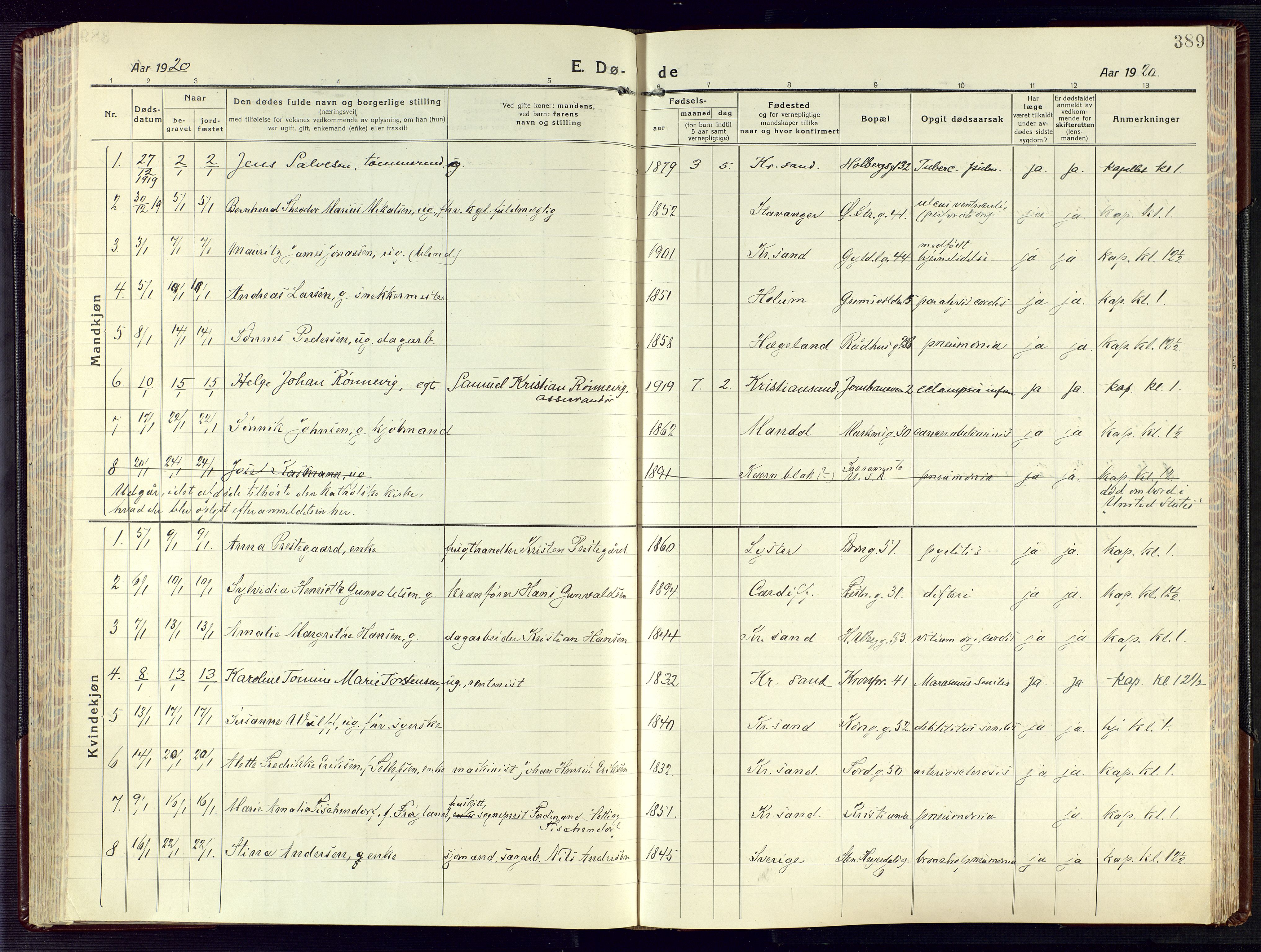 Kristiansand domprosti, AV/SAK-1112-0006/F/Fa/L0028: Parish register (official) no. A 27, 1917-1926, p. 389