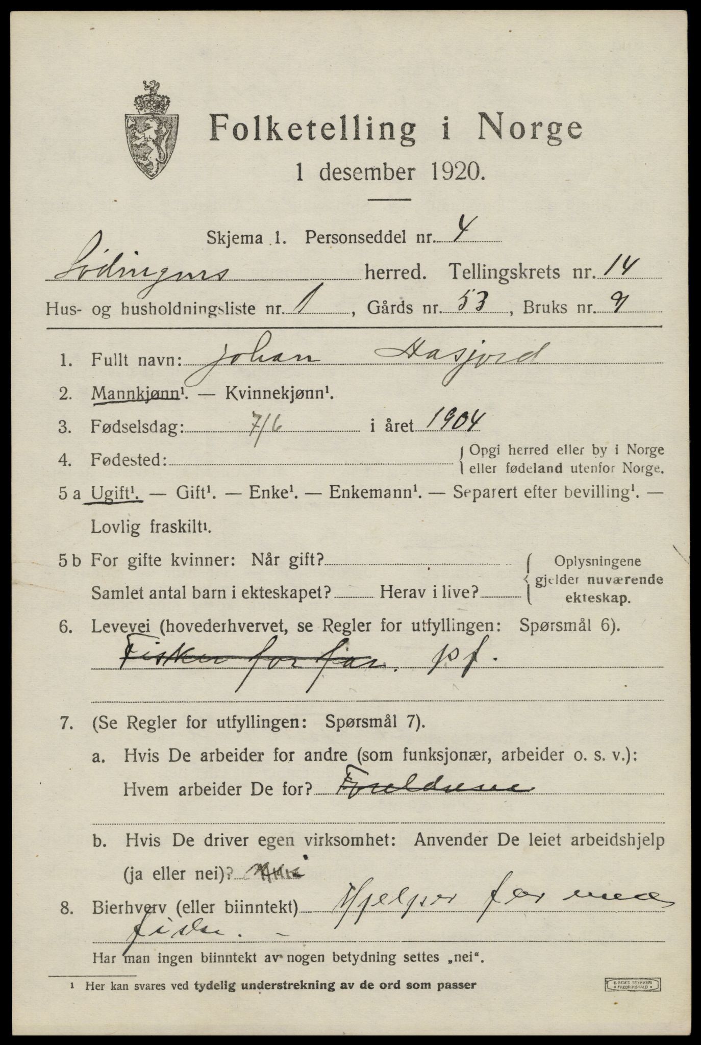 SAT, 1920 census for Lødingen, 1920, p. 6961