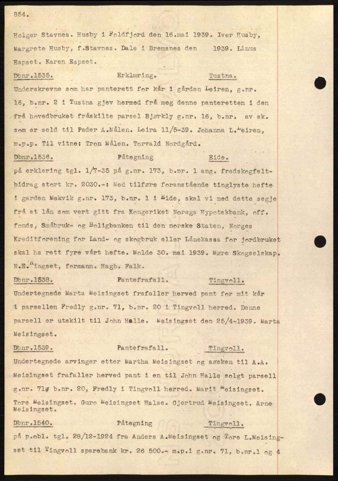 Nordmøre sorenskriveri, AV/SAT-A-4132/1/2/2Ca: Mortgage book no. C80, 1936-1939, Diary no: : 1535/1939