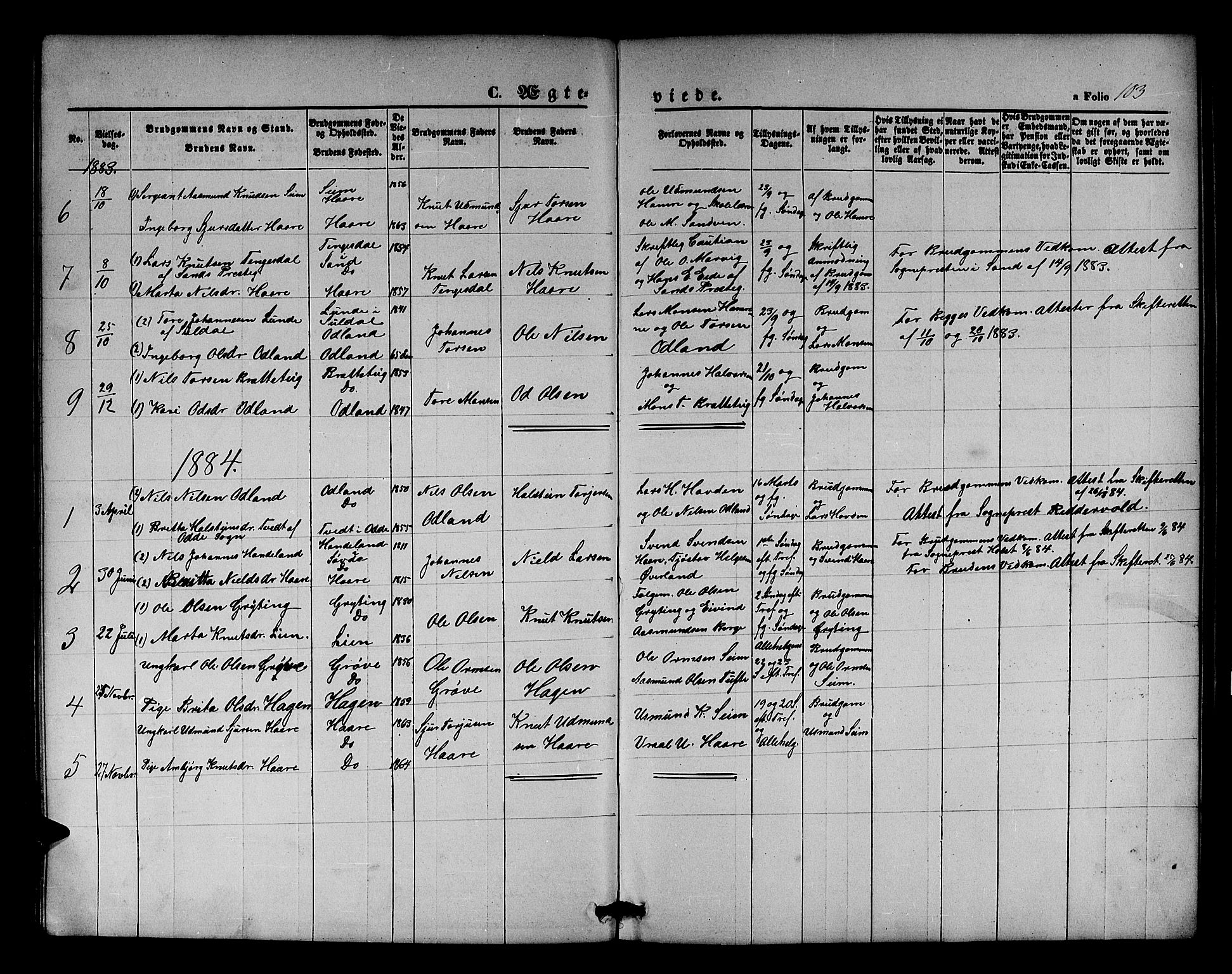Røldal sokneprestembete, SAB/A-100247: Parish register (copy) no. A 2, 1861-1886, p. 103