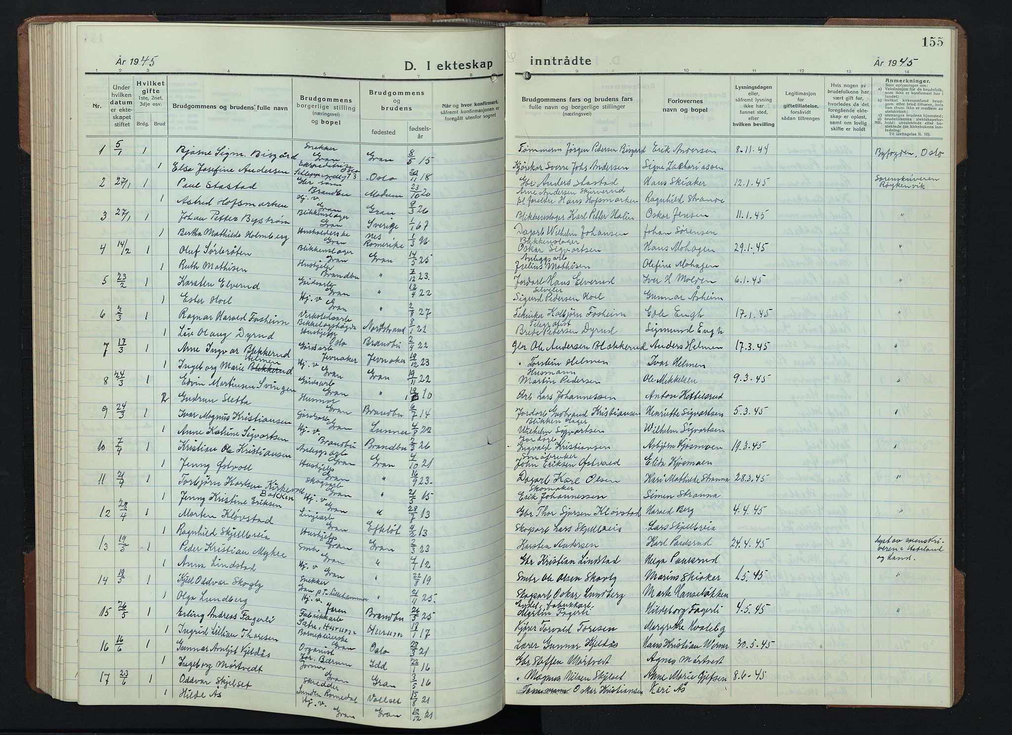 Gran prestekontor, SAH/PREST-112/H/Ha/Hab/L0009: Parish register (copy) no. 9, 1933-1950, p. 155