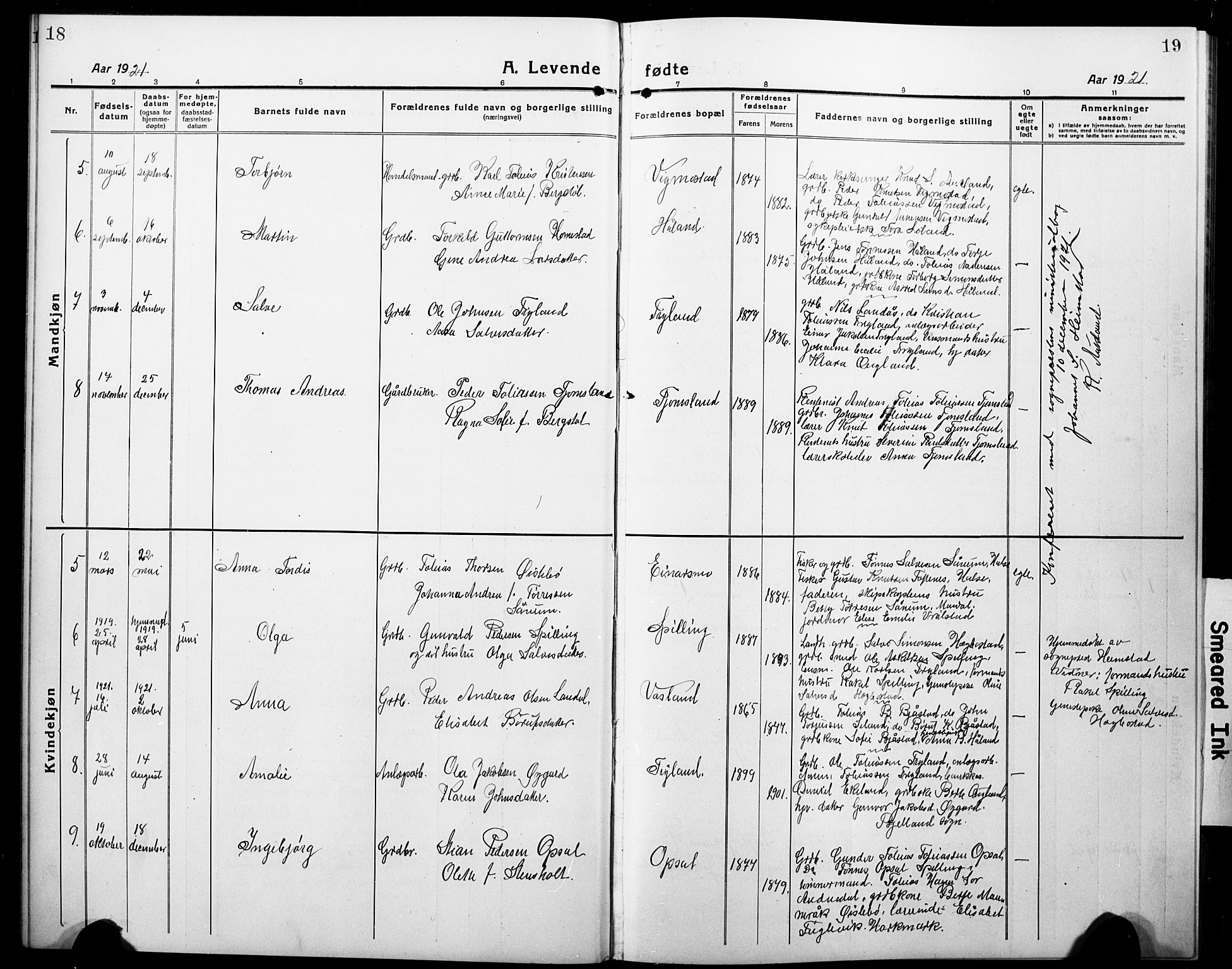 Nord-Audnedal sokneprestkontor, AV/SAK-1111-0032/F/Fb/Fbb/L0005: Parish register (copy) no. B 5, 1918-1929, p. 18-19