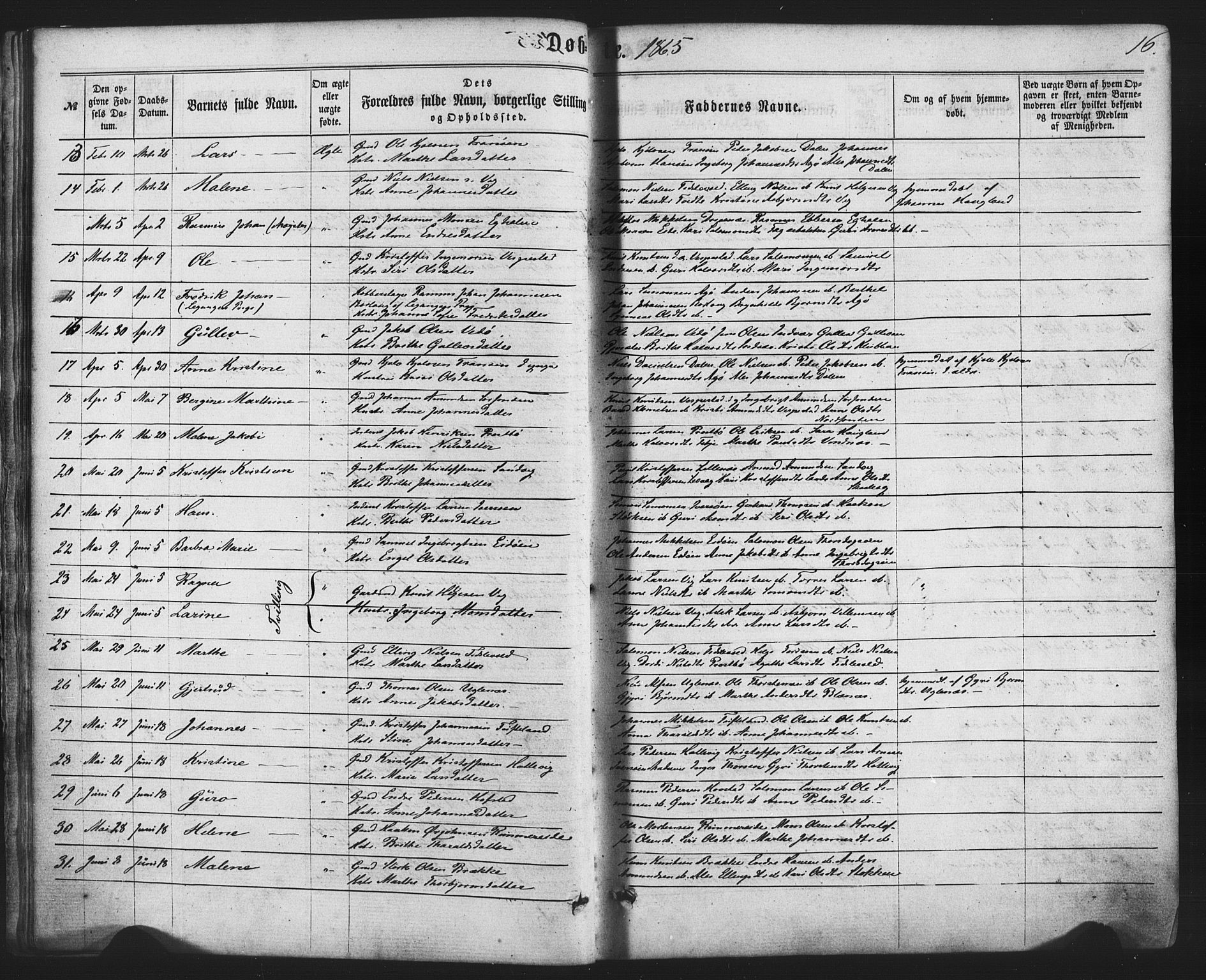 Fitjar sokneprestembete, AV/SAB-A-99926: Parish register (official) no. A 1, 1862-1881, p. 16