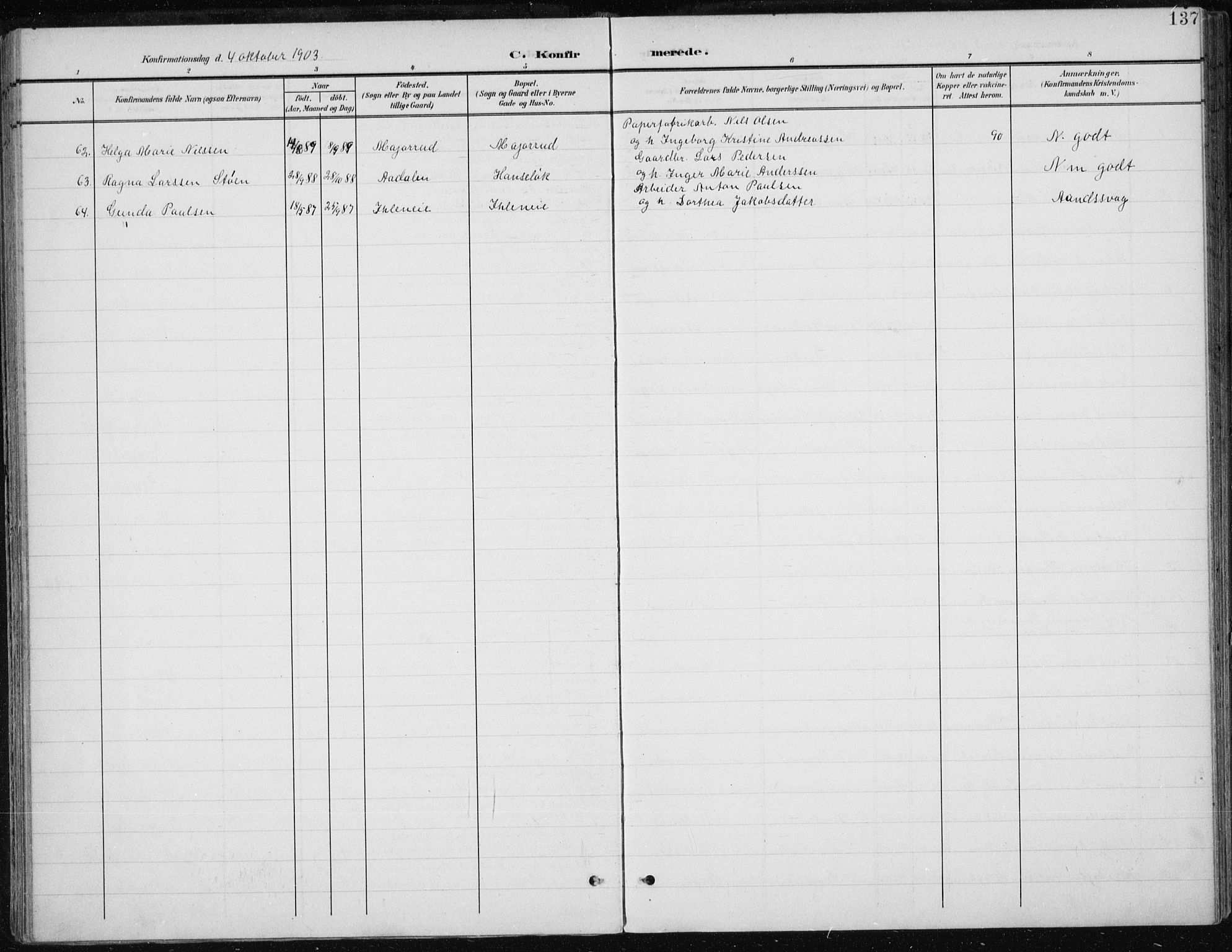 Modum kirkebøker, AV/SAKO-A-234/F/Fa/L0013: Parish register (official) no. 13, 1899-1907, p. 137