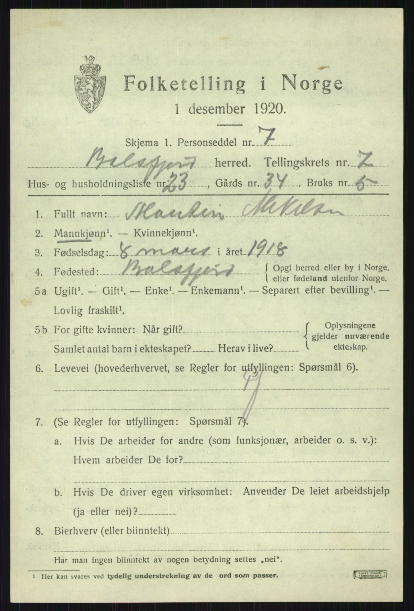 SATØ, 1920 census for Balsfjord, 1920, p. 4474