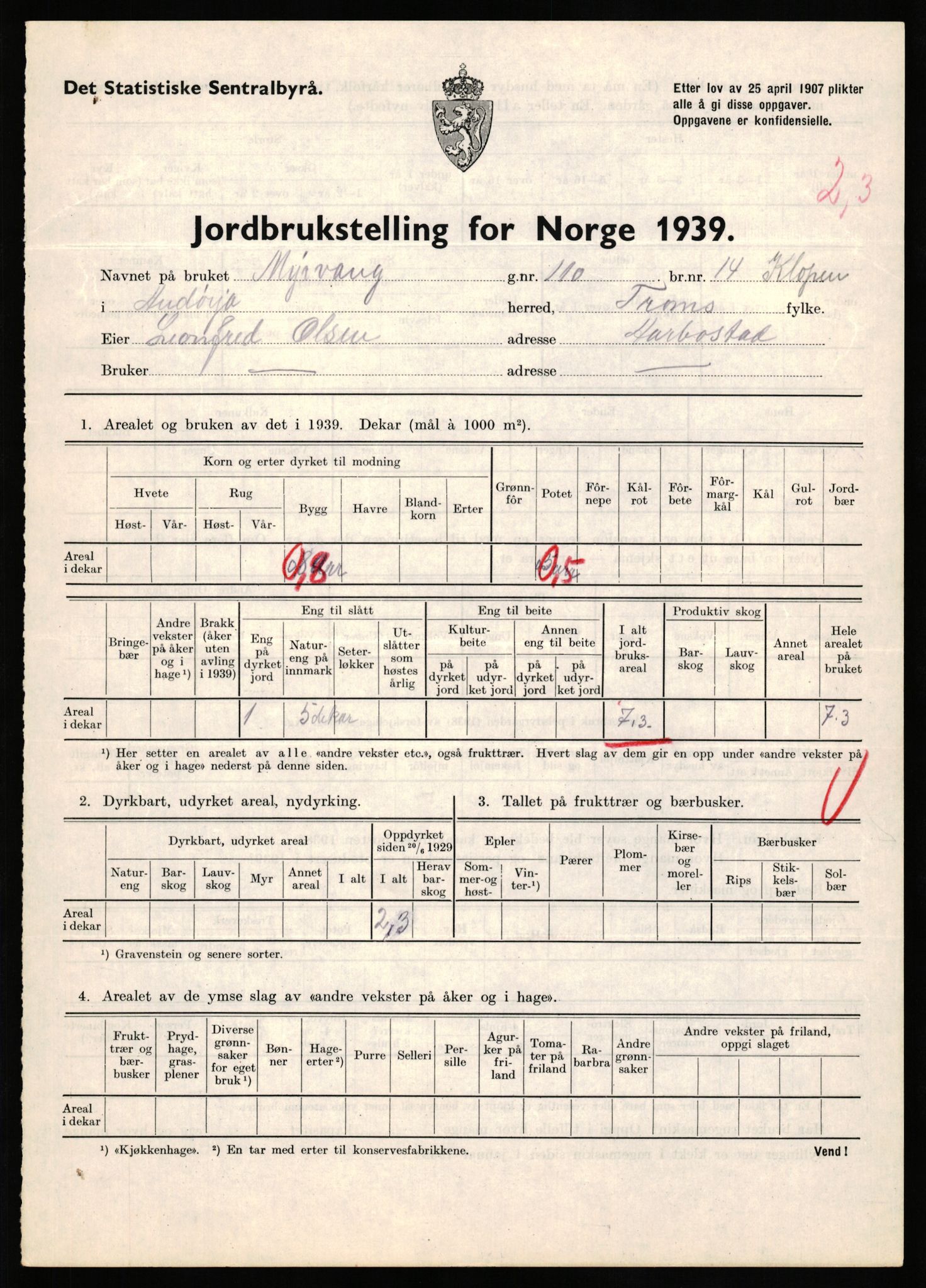 Statistisk sentralbyrå, Næringsøkonomiske emner, Jordbruk, skogbruk, jakt, fiske og fangst, AV/RA-S-2234/G/Gb/L0339: Troms: Andørja, Astafjord og Lavangen, 1939, p. 483