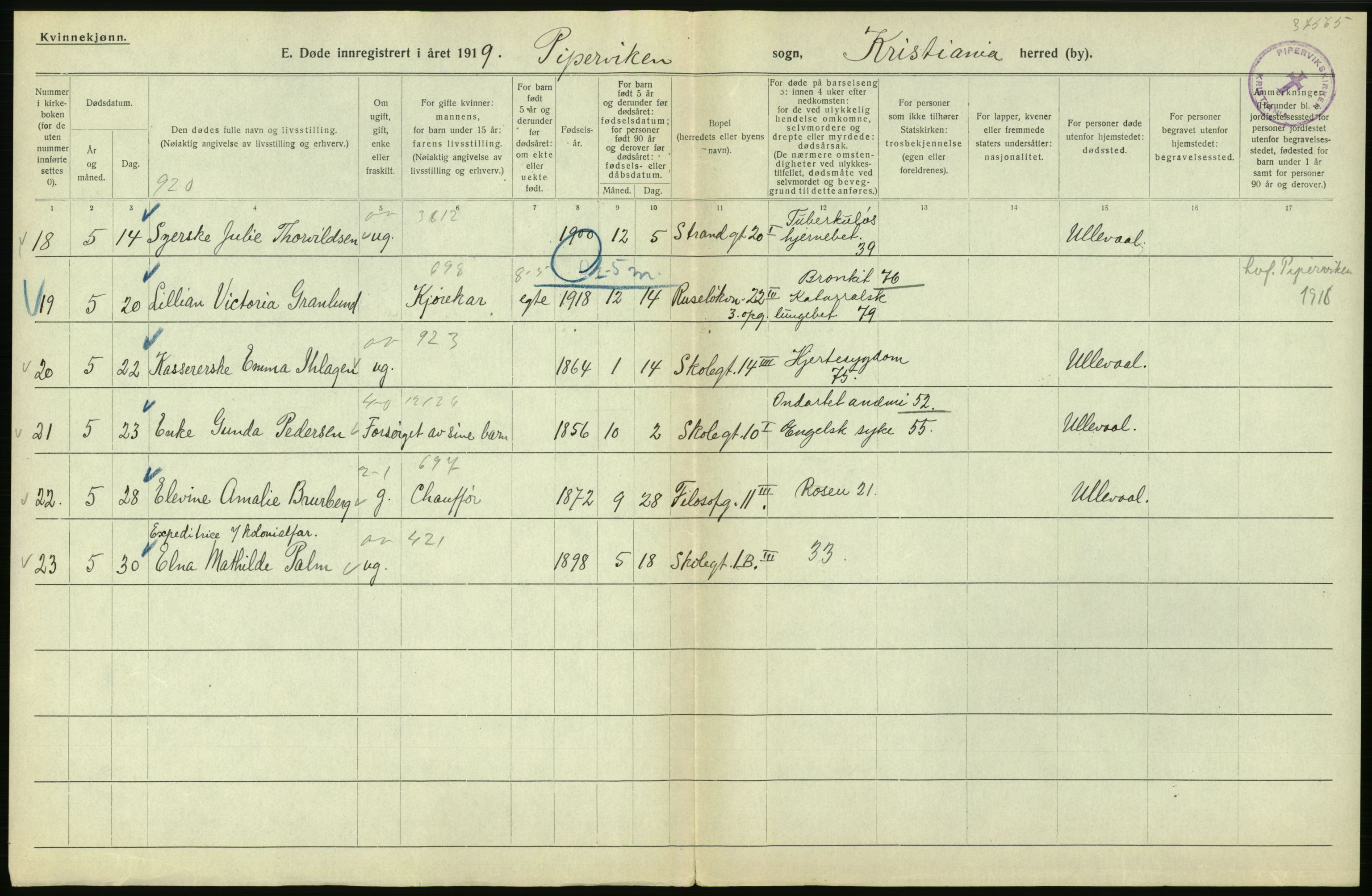 Statistisk sentralbyrå, Sosiodemografiske emner, Befolkning, AV/RA-S-2228/D/Df/Dfb/Dfbi/L0010: Kristiania: Døde, 1919, p. 518