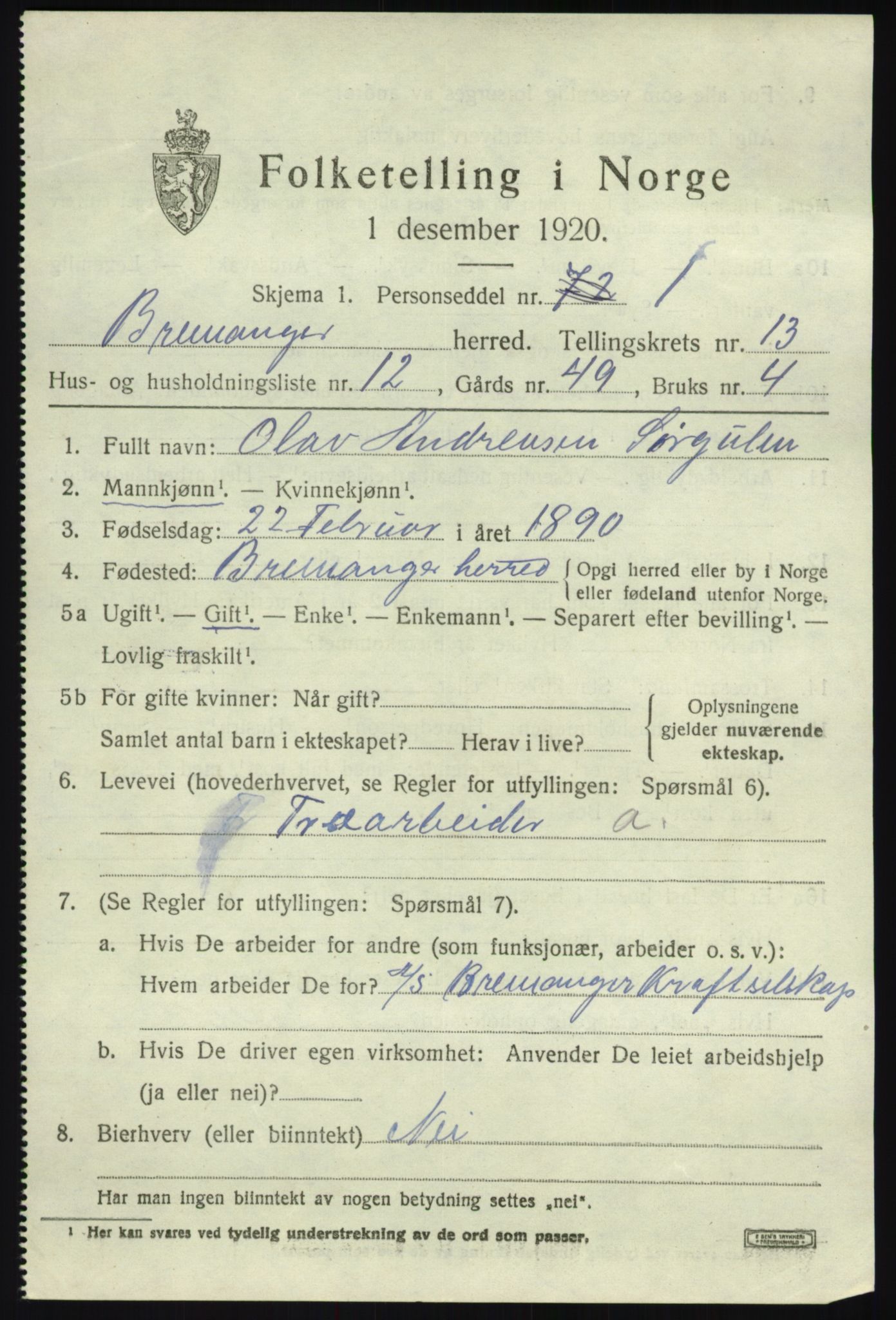 SAB, 1920 census for Bremanger, 1920, p. 6896