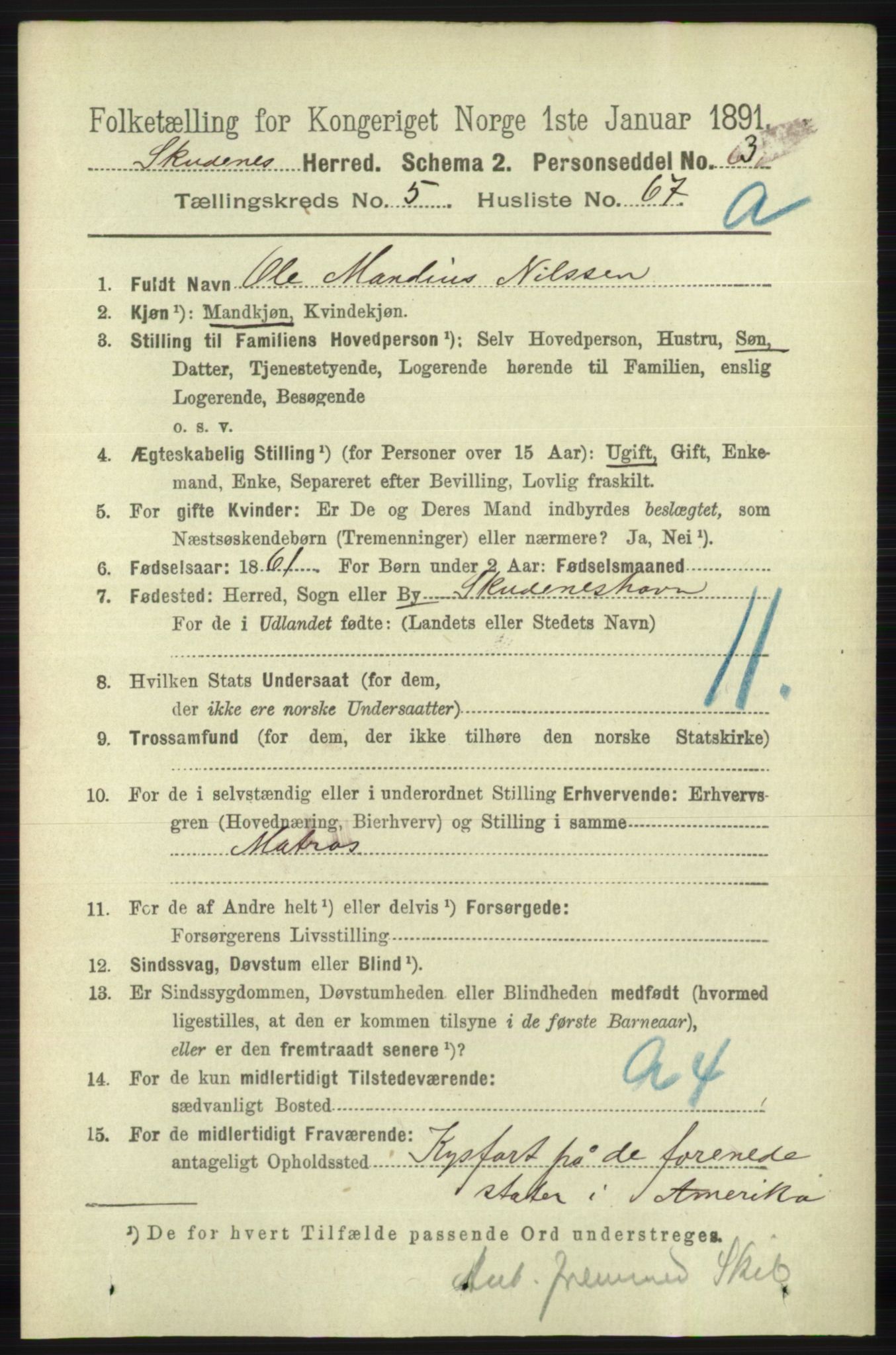 RA, 1891 census for 1150 Skudenes, 1891, p. 2898