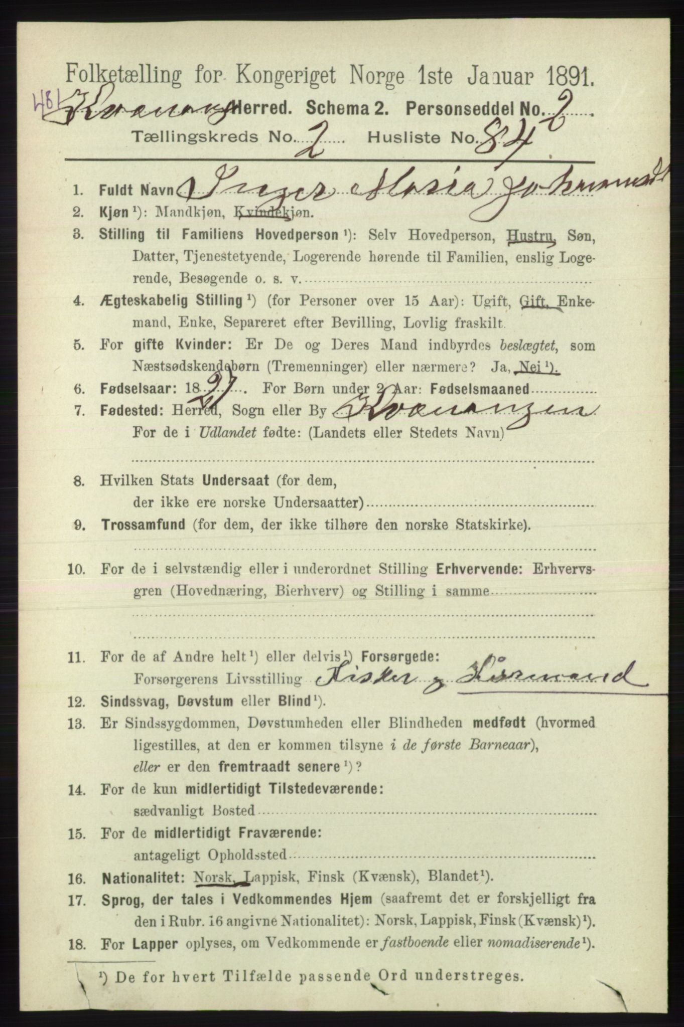 RA, 1891 census for 1943 Kvænangen, 1891, p. 994