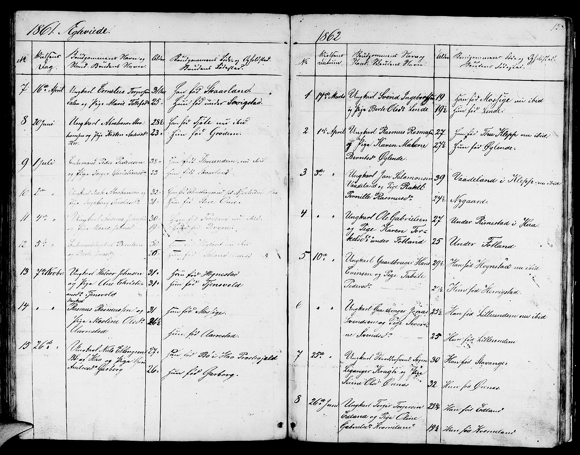 Lye sokneprestkontor, SAST/A-101794/001/30BB/L0002: Parish register (copy) no. B 2, 1852-1867, p. 158