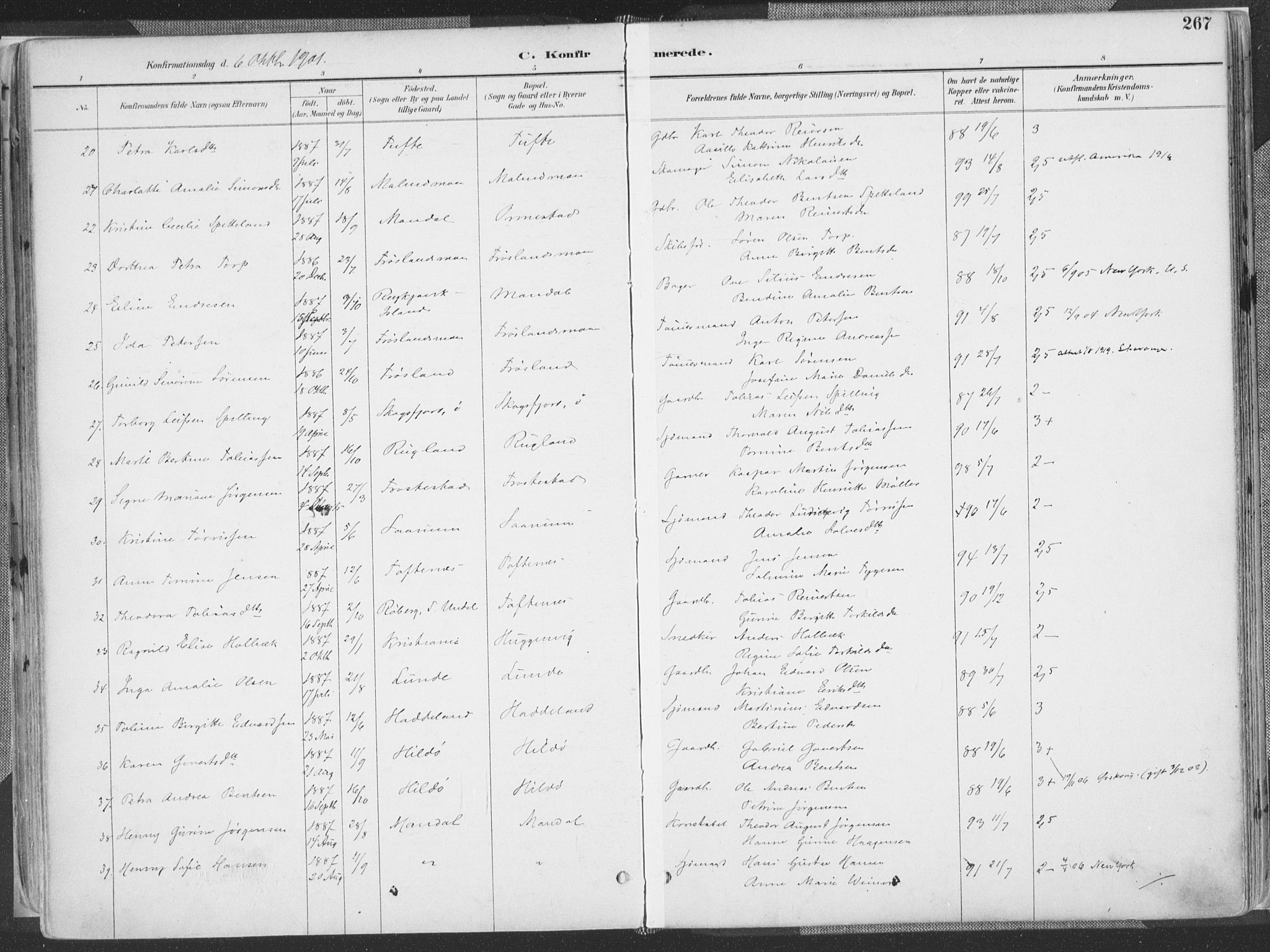 Mandal sokneprestkontor, SAK/1111-0030/F/Fa/Faa/L0018: Parish register (official) no. A 18, 1890-1905, p. 267