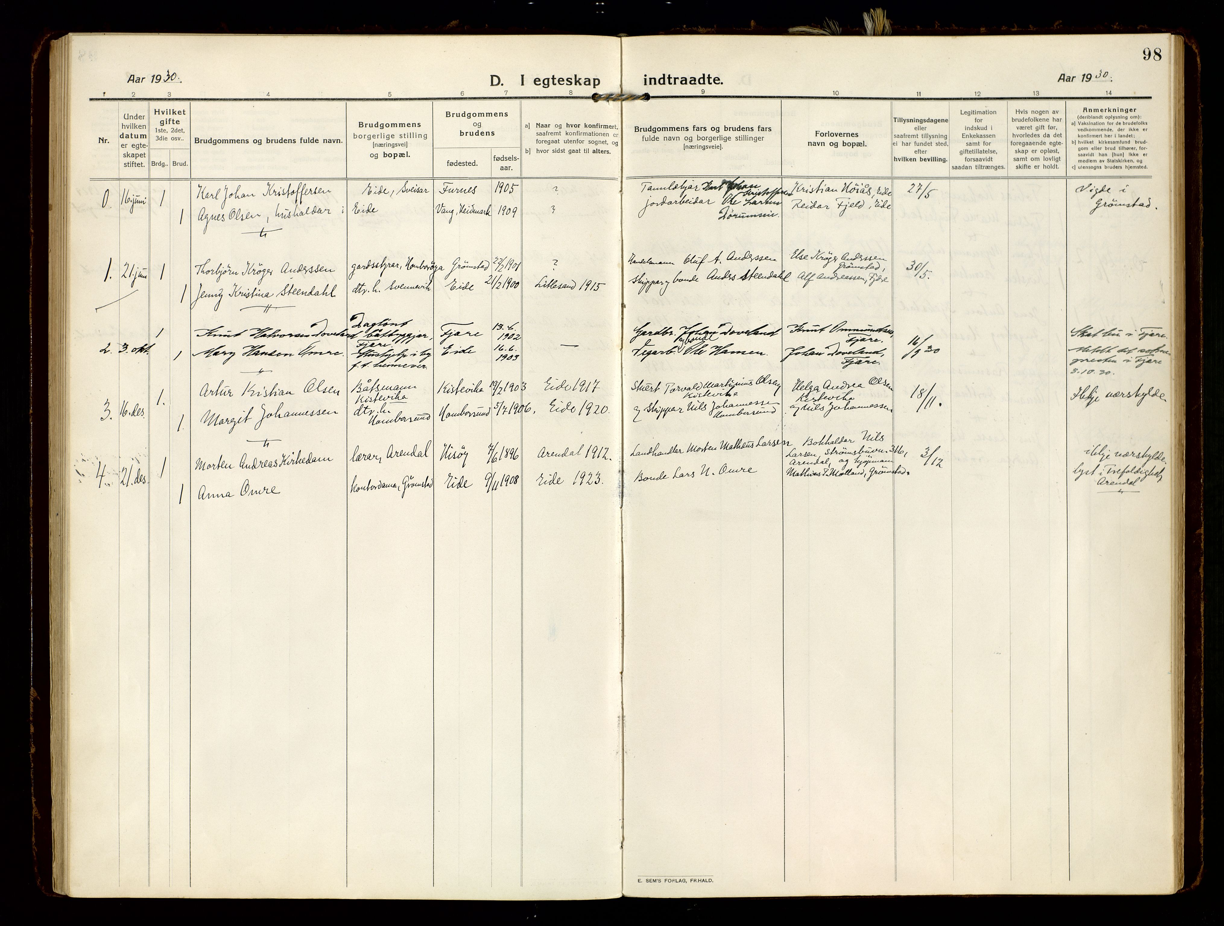Hommedal sokneprestkontor, SAK/1111-0023/F/Fa/Faa/L0004: Parish register (official) no. A 4, 1916-1945, p. 98
