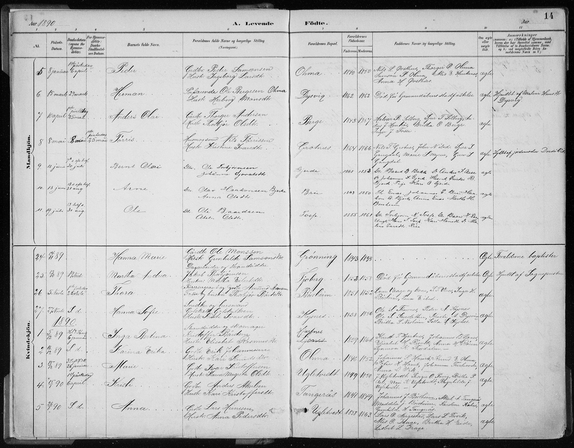 Strandebarm sokneprestembete, SAB/A-78401/H/Haa: Parish register (official) no. B  1, 1886-1908, p. 14