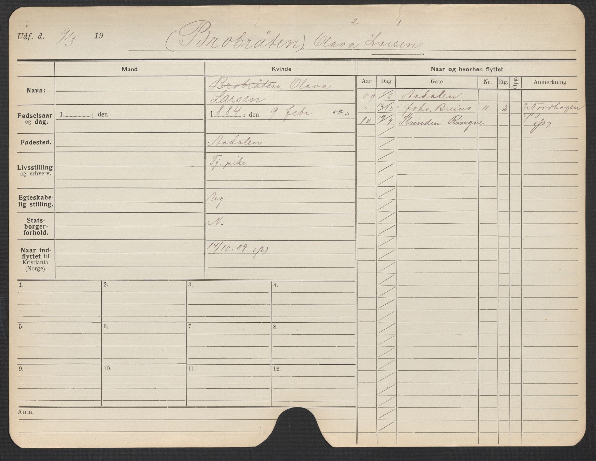 Oslo folkeregister, Registerkort, AV/SAO-A-11715/F/Fa/Fac/L0019: Kvinner, 1906-1914, p. 1103a